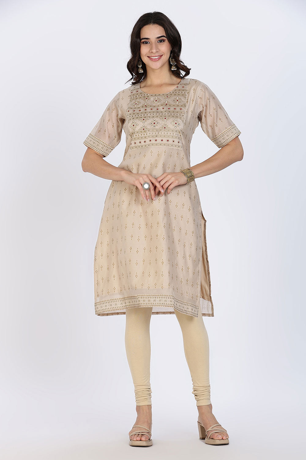 Mythri Women’s Ethnic Kurthi | Straight-Line Kurthi with Scoop Neckline, Embroidery & Border Detailing - Off White - KAO6