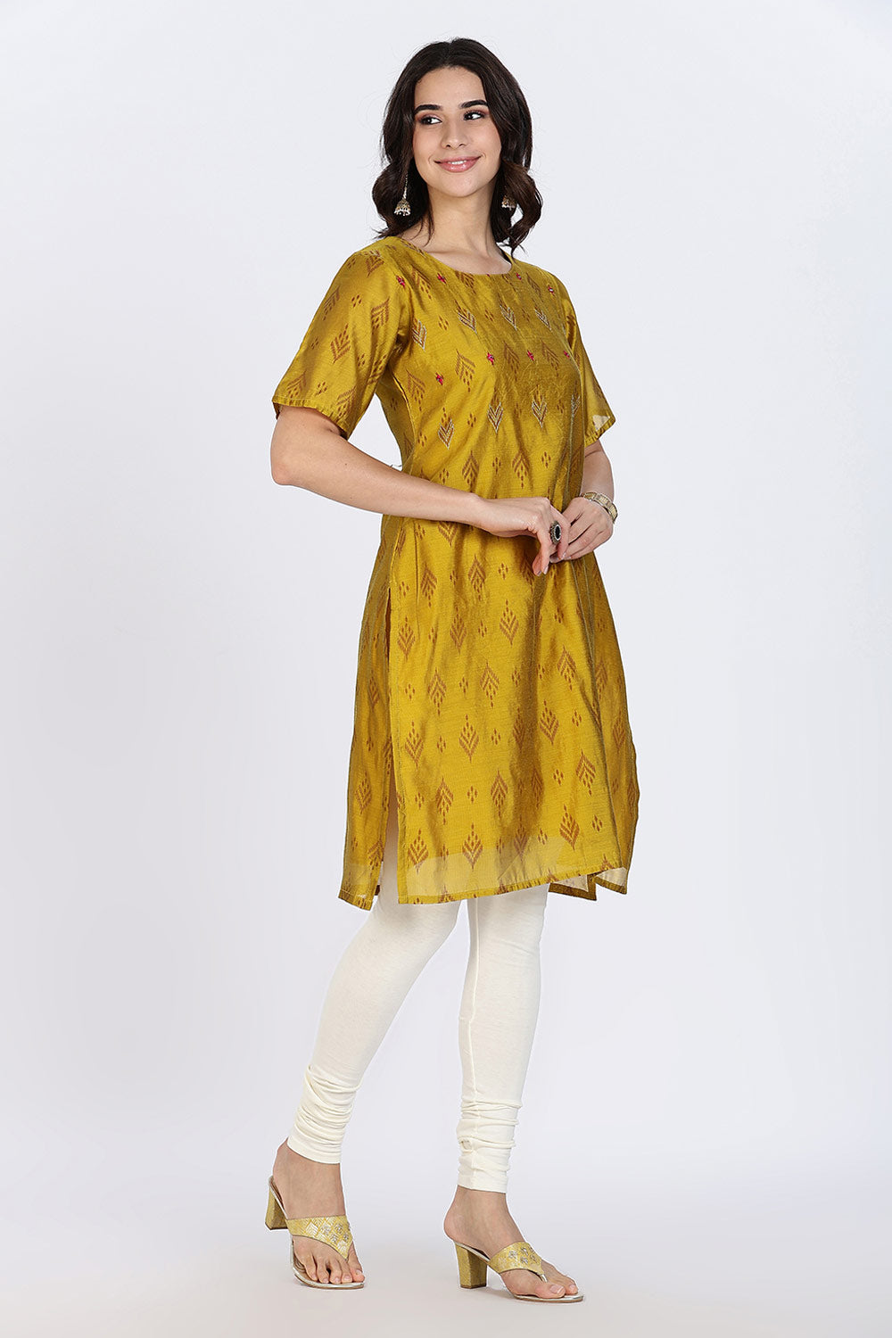 Mythri Women’s Ethnic Kurthi | Straight Kurthi with Scoop Neckline, Embroidered Motifs & Border Detailing - Mustard - KAO7