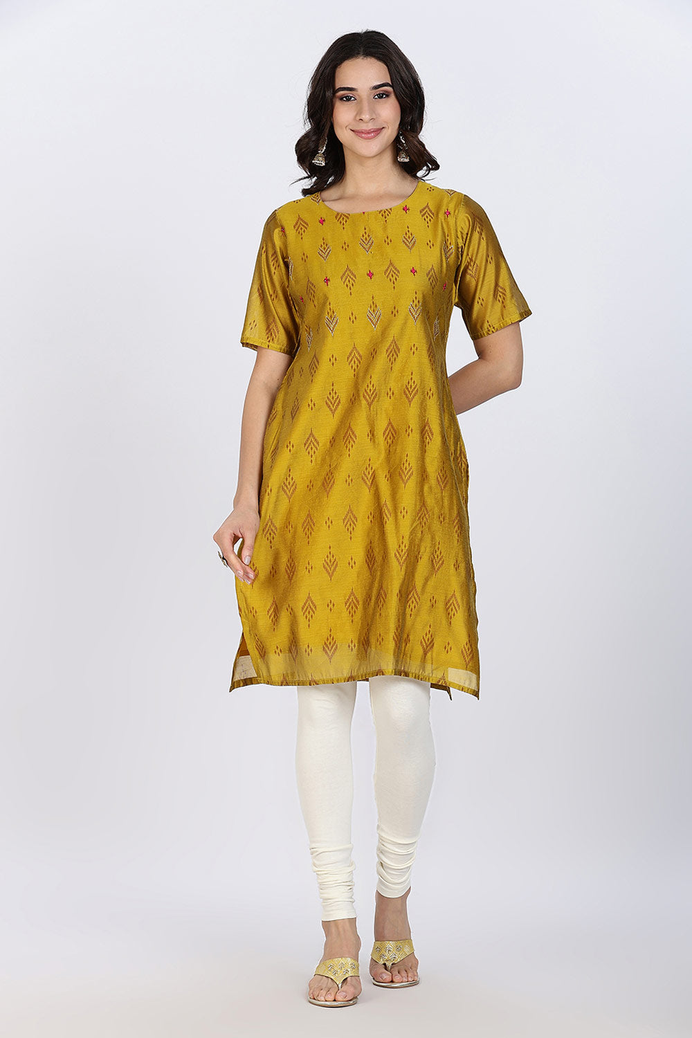 Mythri Women’s Ethnic Kurthi | Straight Kurthi with Scoop Neckline, Embroidered Motifs & Border Detailing - Mustard - KAO7
