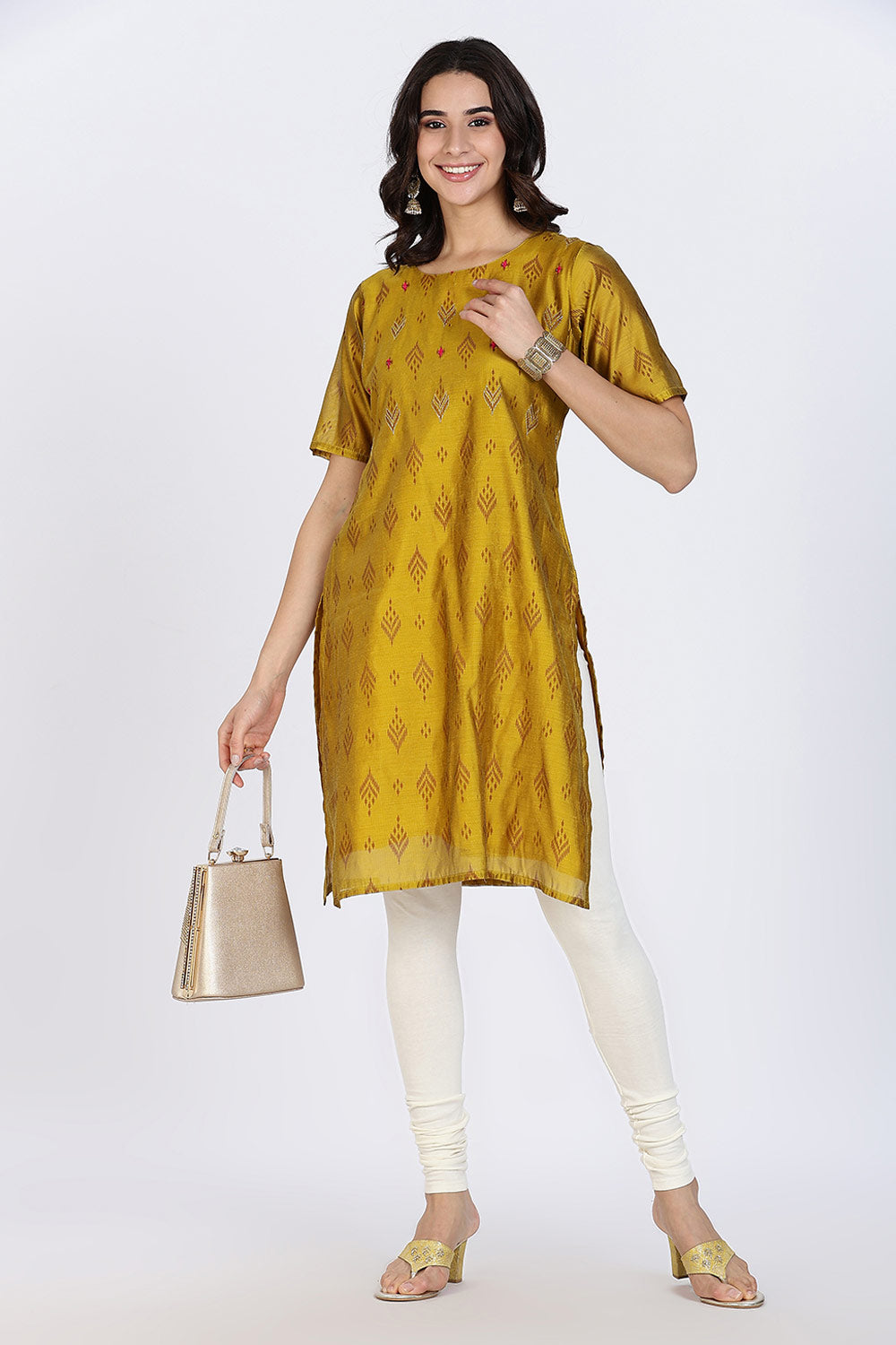 Mythri Women’s Ethnic Kurthi | Straight Kurthi with Scoop Neckline, Embroidered Motifs & Border Detailing - Mustard - KAO7