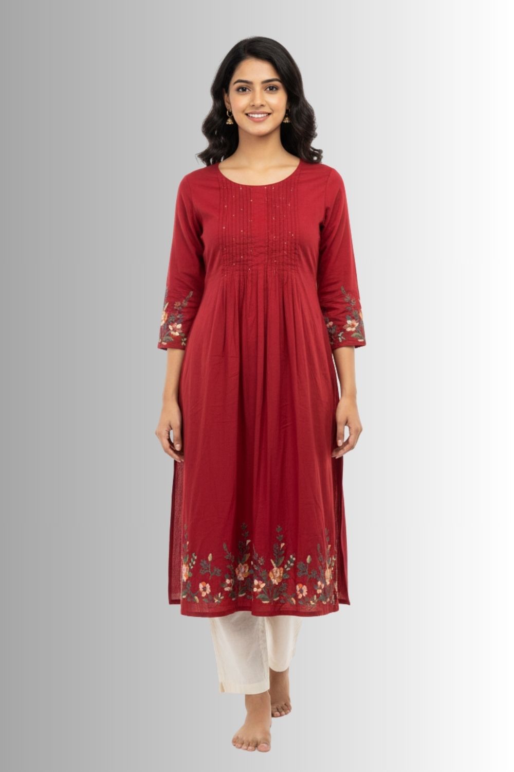 Mythri Kurtha for Women Cotton Blend Daily Wear Floral Straight Kurtha with V Slit Neck and Patchwork Detailing - Maroon - KT02