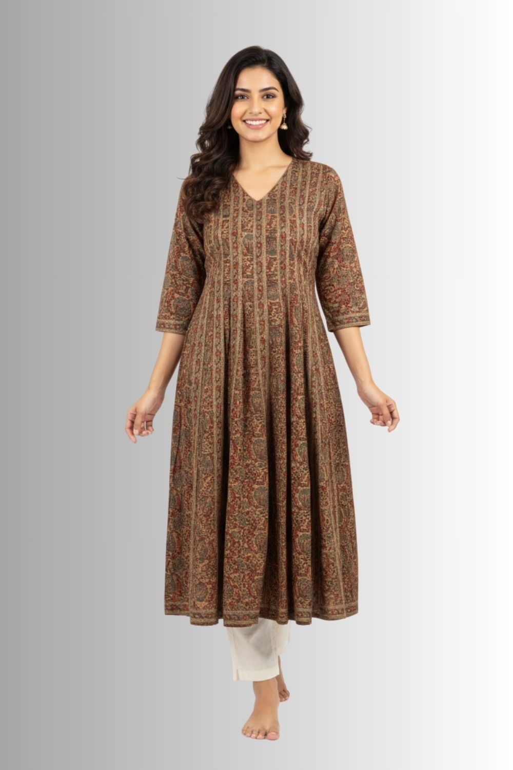 Mythri Kurtha for Women Cotton Blend Daily Wear Floral Straight Kurtha with V Slit Neck and Patchwork Detailing - Brown - KT03