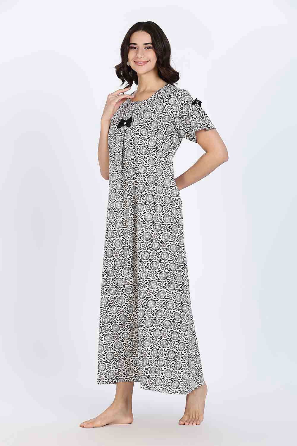 Naidu Hall Women’s Cotton Full-Length Nighty with Bow Tie & Pearl Button – Printed Design
 - Black - NA63