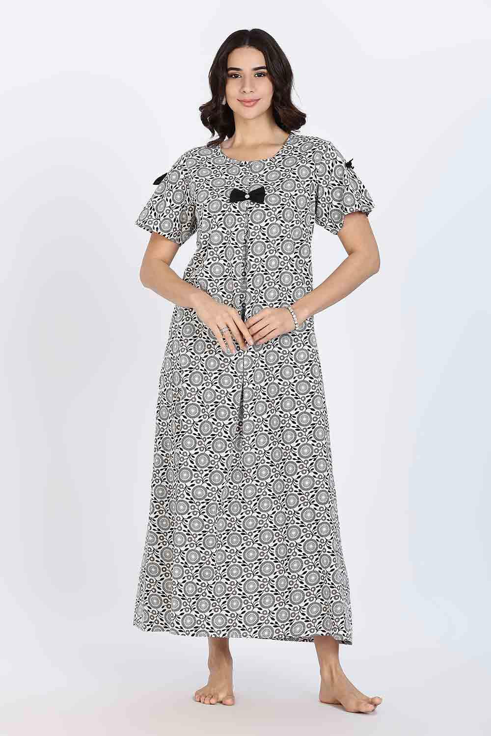 Naidu Hall Women’s Cotton Full-Length Nighty with Bow Tie & Pearl Button – Printed Design
 - Black - NA63
