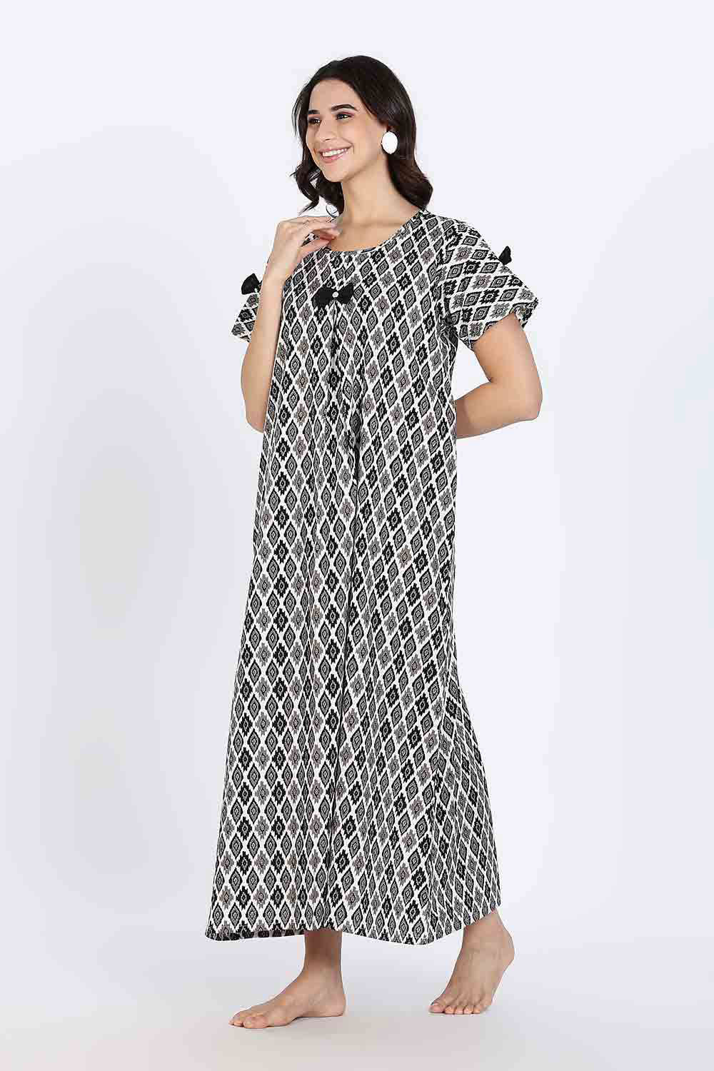 Naidu Hall Women’s Cotton Full-Length Nighty with Bow Tie & Pearl Button – Printed Design
 - Black - NA64