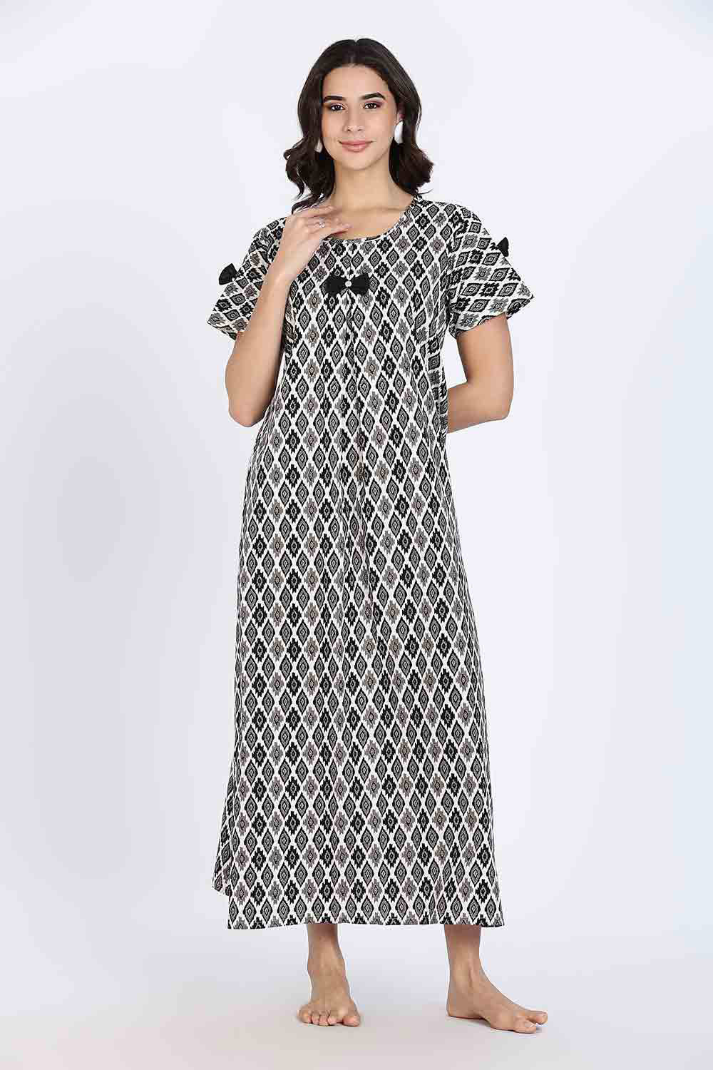 Naidu Hall Women’s Cotton Full-Length Nighty with Bow Tie & Pearl Button – Printed Design
 - Black - NA64