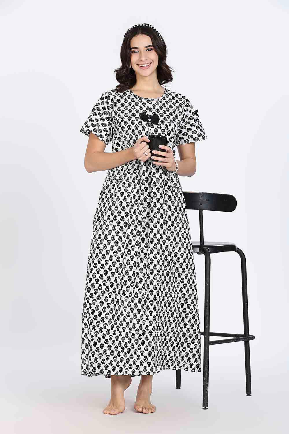 Naidu Hall Women’s Cotton Full-Length Nighty with Bow Tie & Pearl Button – Printed Design
 - Black - NA65