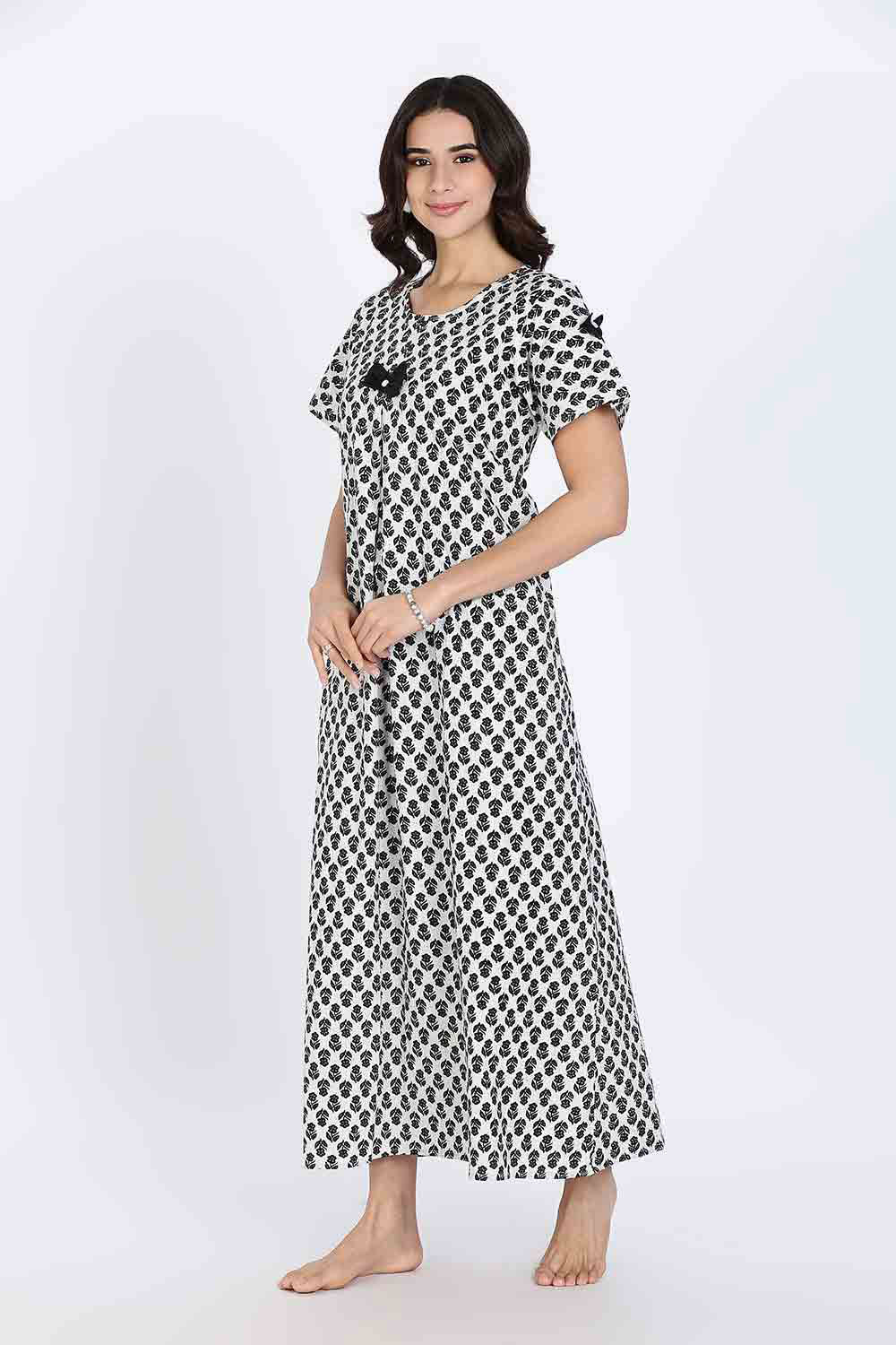 Naidu Hall Women’s Cotton Full-Length Nighty with Bow Tie & Pearl Button – Printed Design
 - Black - NA65