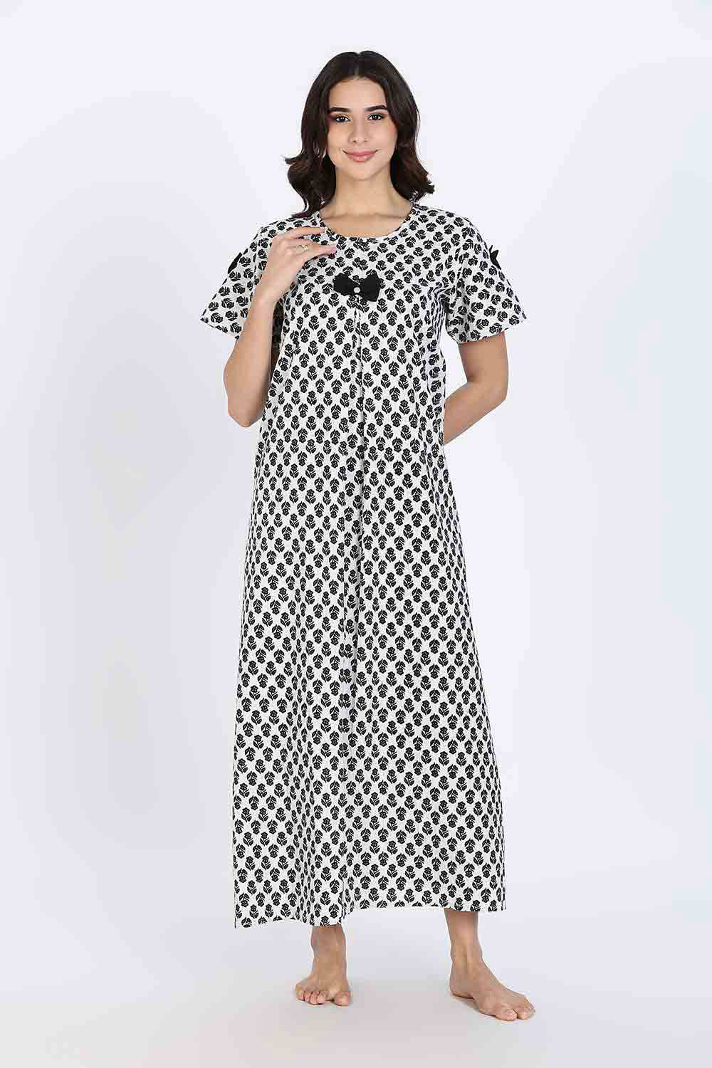 Naidu Hall Women’s Cotton Full-Length Nighty with Bow Tie & Pearl Button – Printed Design
 - Black - NA65