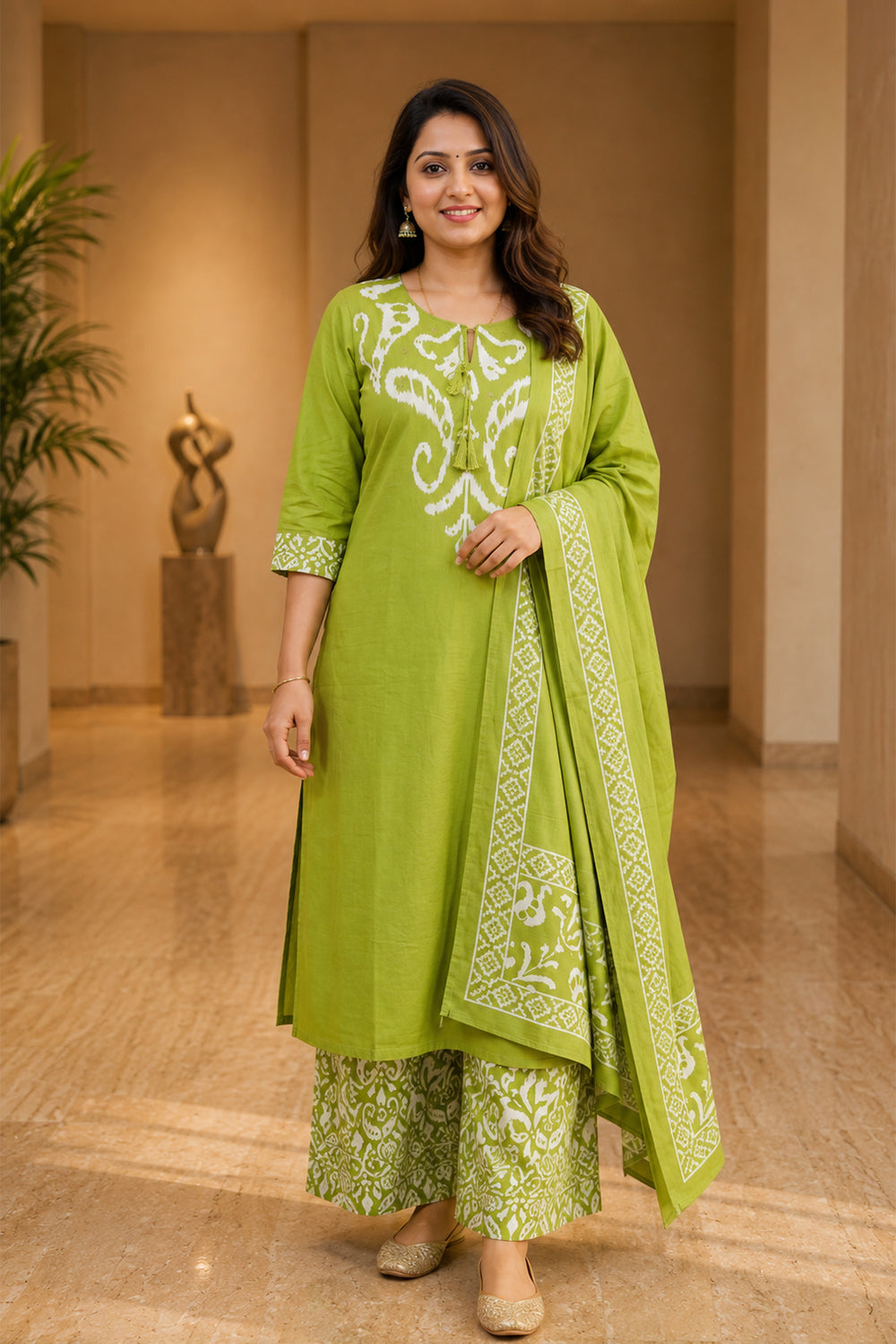 Women’s Cotton Blend Printed Chudidar | Round Neck Below Knee Kurta with 3/4 Sleeves | Regular Fit Daily Office Casual Ethnic Wear for Women - SS02