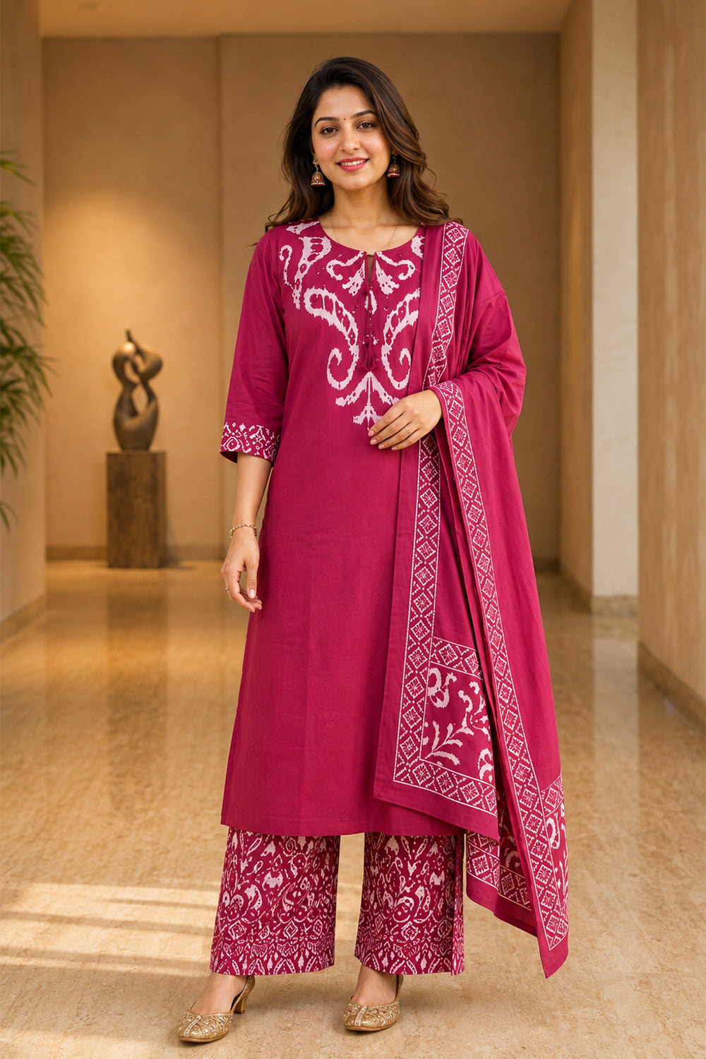 Women’s Cotton Blend Printed Chudidar | Round Neck Below Knee Kurta with 3/4 Sleeves | Regular Fit Daily Office Casual Ethnic Wear for Women - SS02