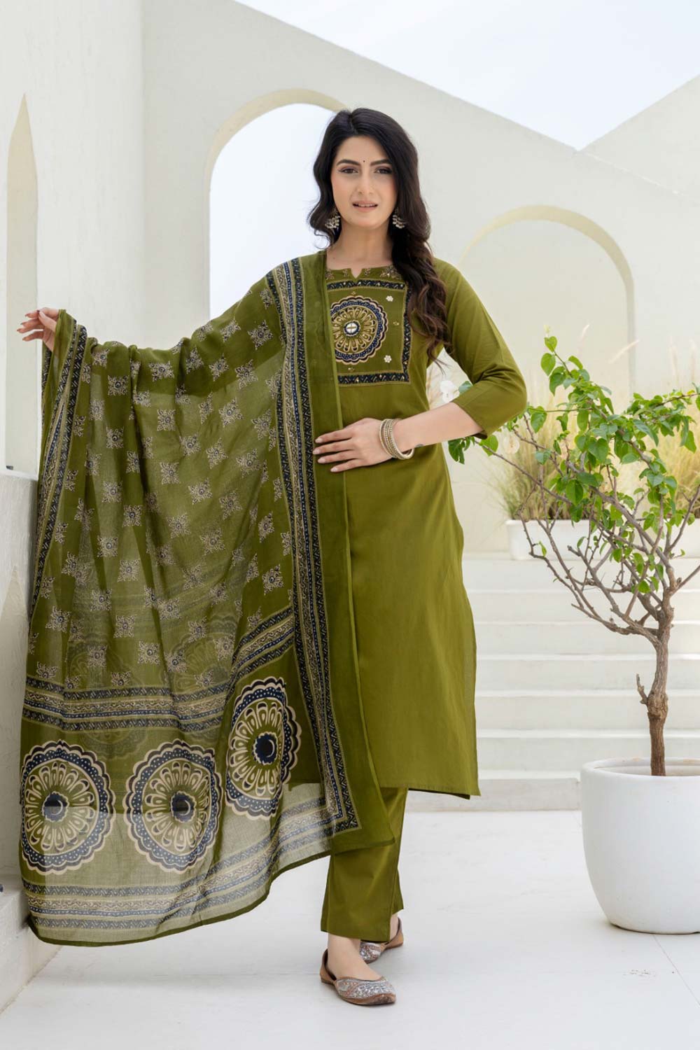Women's Cotton Blend Chudidar Set | Ethnic Printed Kurta Set with Bottom | Round V-Cut Neck 3/4 Sleeve Regular Fit Everyday Wear - SS07