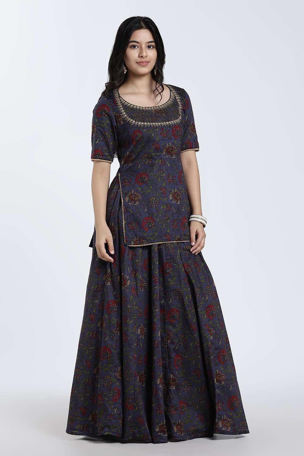 Mythri Women’s Festive Co-Ord Set – Cotton Blend Ethnic Top & Flared Skirt Set with Lace, Zari & Bead Detailing | Indo-Western Festive Wear for Women - ST09