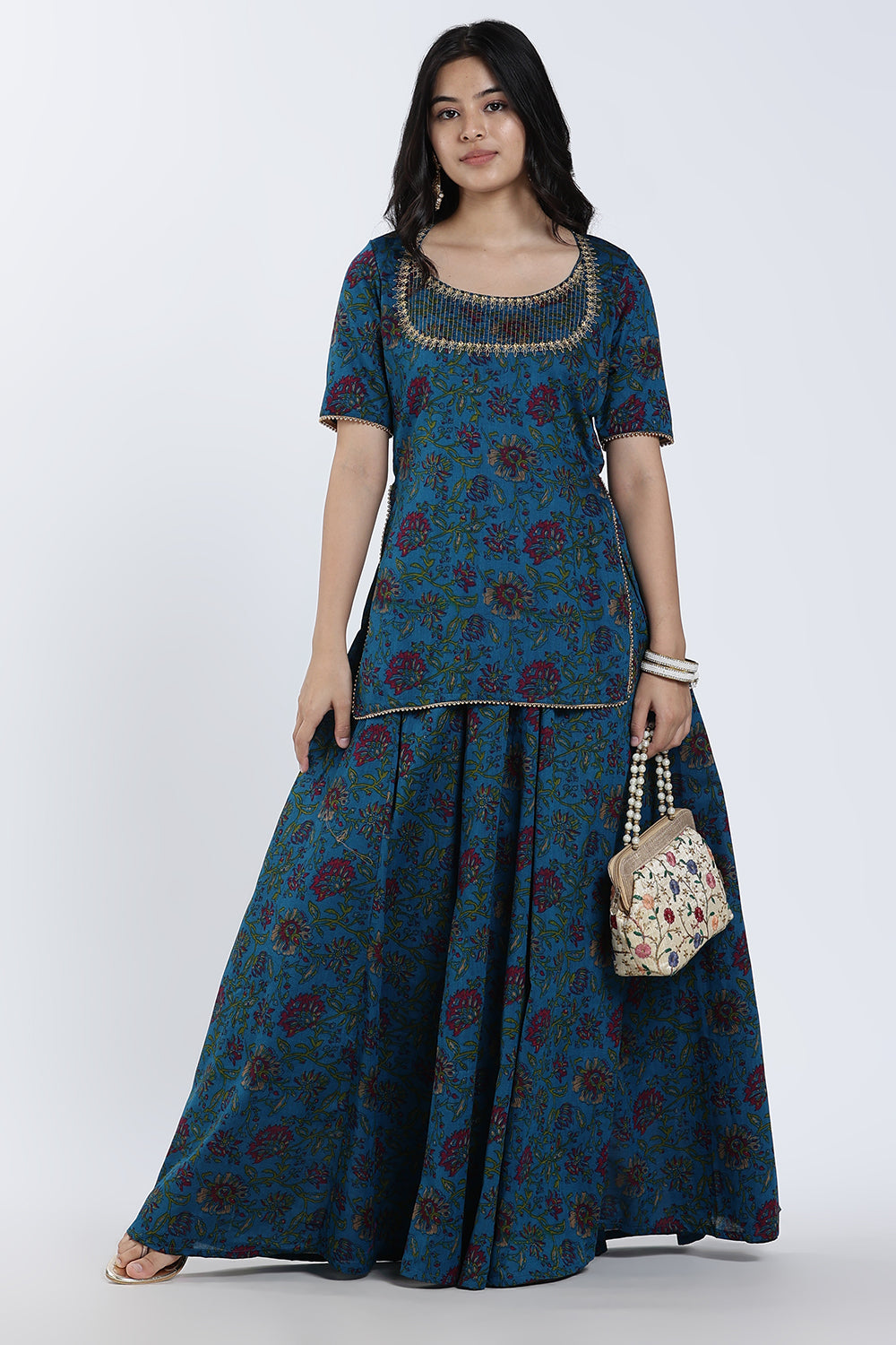 Mythri Women’s Festive Co-Ord Set – Cotton Blend Ethnic Top & Flared Skirt Set with Lace, Zari & Bead Detailing | Indo-Western Festive Wear for Women - ST09
