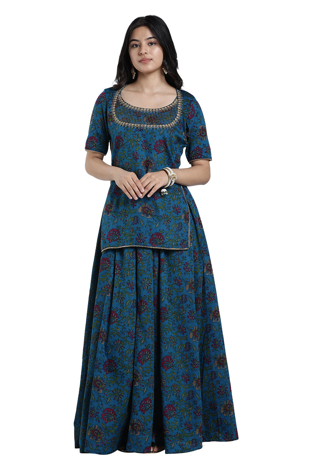 Mythri Women’s Festive Co-Ord Set – Cotton Blend Ethnic Top & Flared Skirt Set with Lace, Zari & Bead Detailing | Indo-Western Festive Wear for Women - ST09