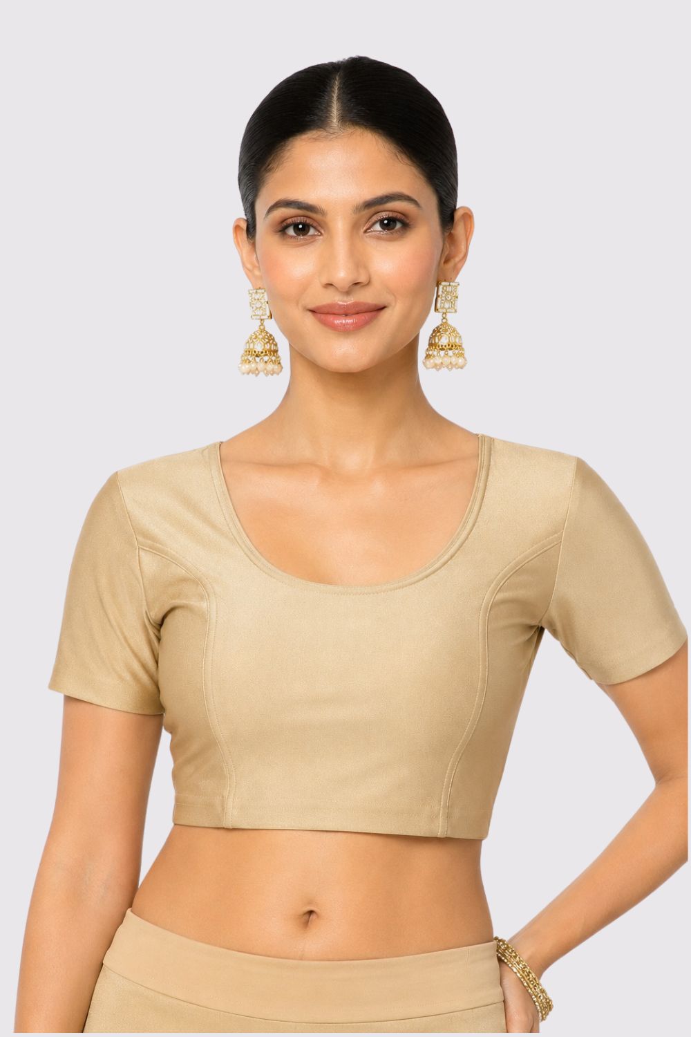 Naidu Hall Women’s Shimmer Knitted Saree Blouse | Silk Blend Round Neck Short Sleeve Ready to Wear Blouse | Regular Fit Solid Stretch Blouse for Sarees - Skin Shimmer