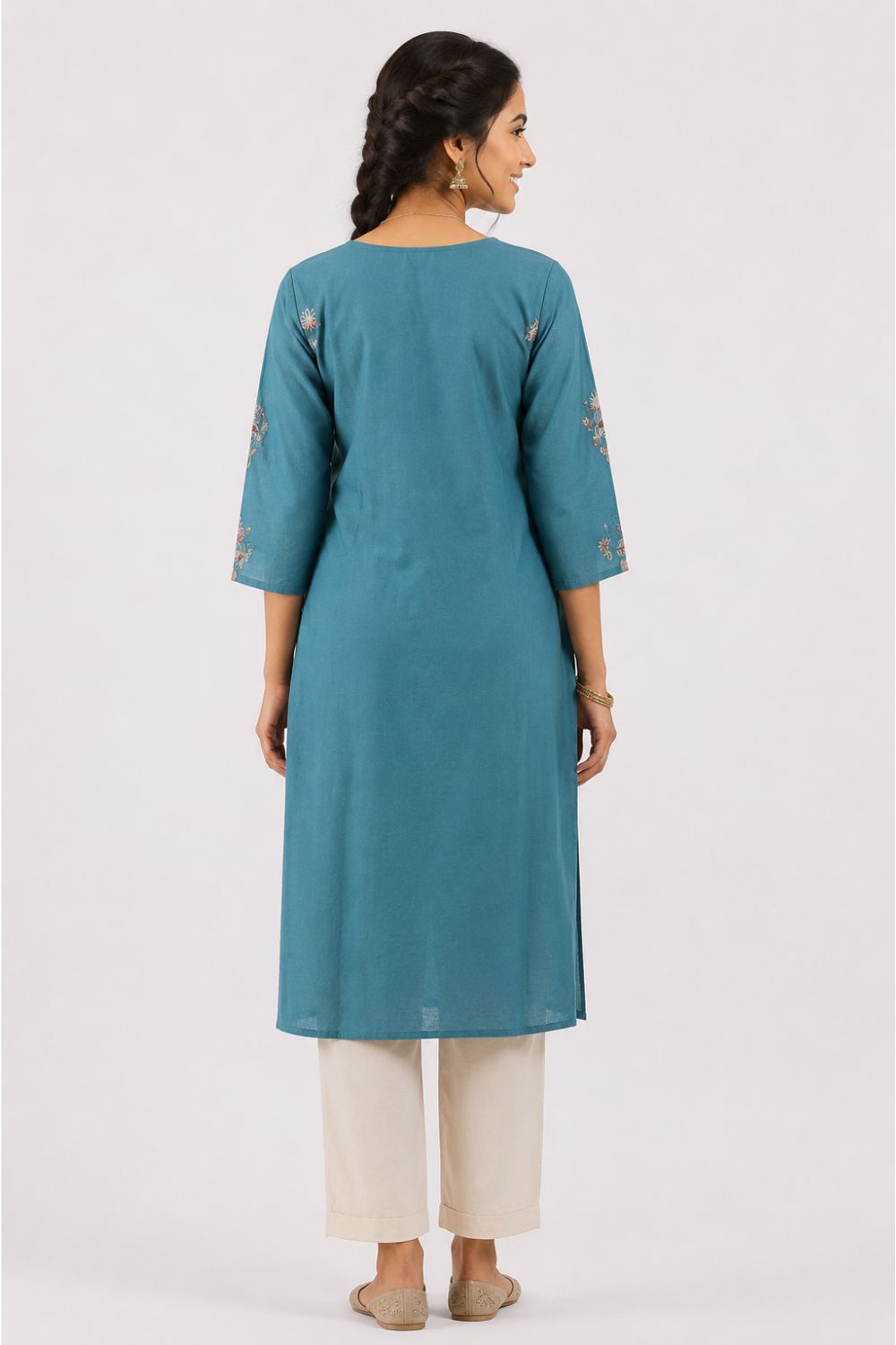 Women's Cotton Flax Embroidered Kurti | V-Neck Pintuck Kurti for Women | Regular Fit Everyday Ethnic Wear with All Over Embroidery - 1396