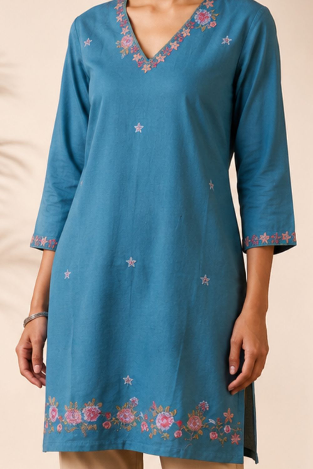 Women's Cotton Flax Embroidered Top | V-Neck 3/4 Sleeve Casual Top for Women | Regular Fit Everyday Office Wear Cotton Top - EX13