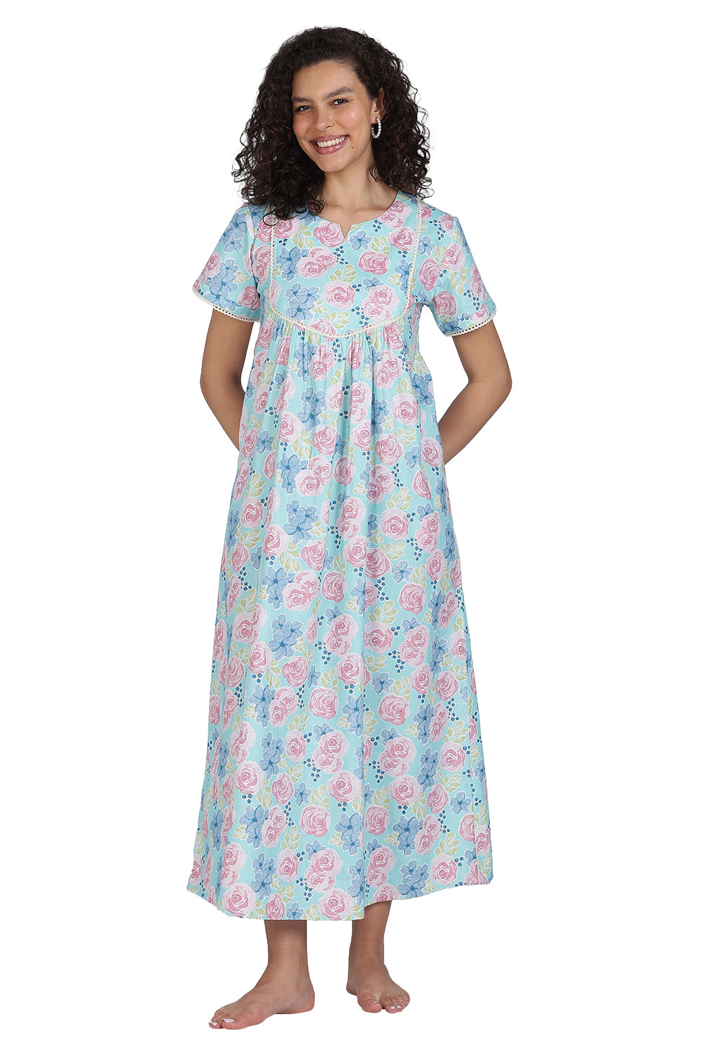 Naidu Hall Printed Cotton Nighty for Women – Full Length Flared A-Line Sleepwear with Lace Yoke & Pocket | Comfortable Daily Wear Nighty
 - N131