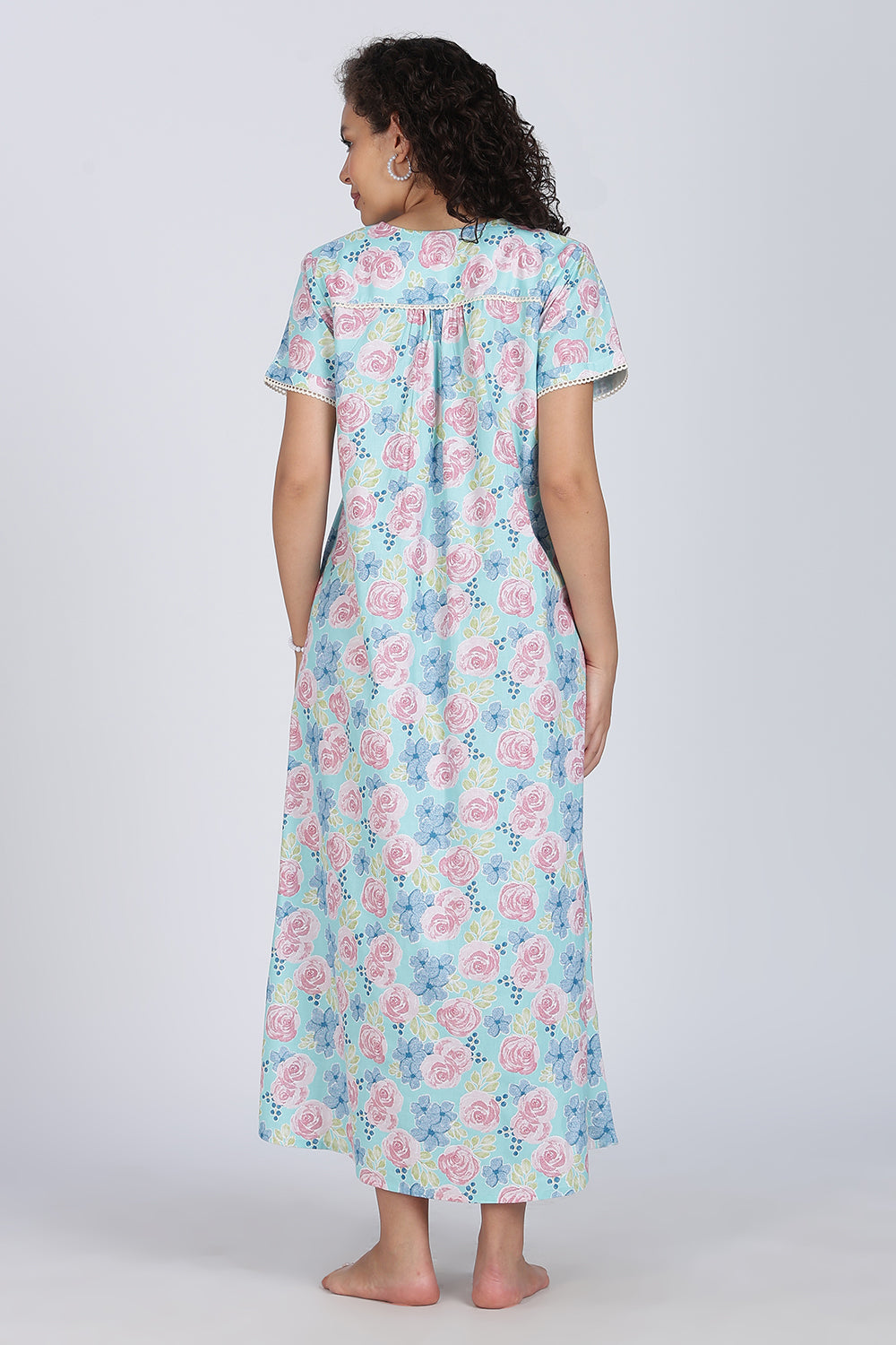 Naidu Hall Printed Cotton Nighty for Women – Full Length Flared A-Line Sleepwear with Lace Yoke & Pocket | Comfortable Daily Wear Nighty
 - N131