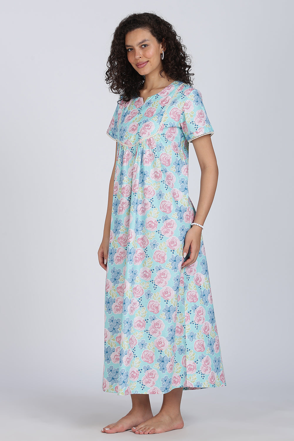 Naidu Hall Printed Cotton Nighty for Women – Full Length Flared A-Line Sleepwear with Lace Yoke & Pocket | Comfortable Daily Wear Nighty
 - N131