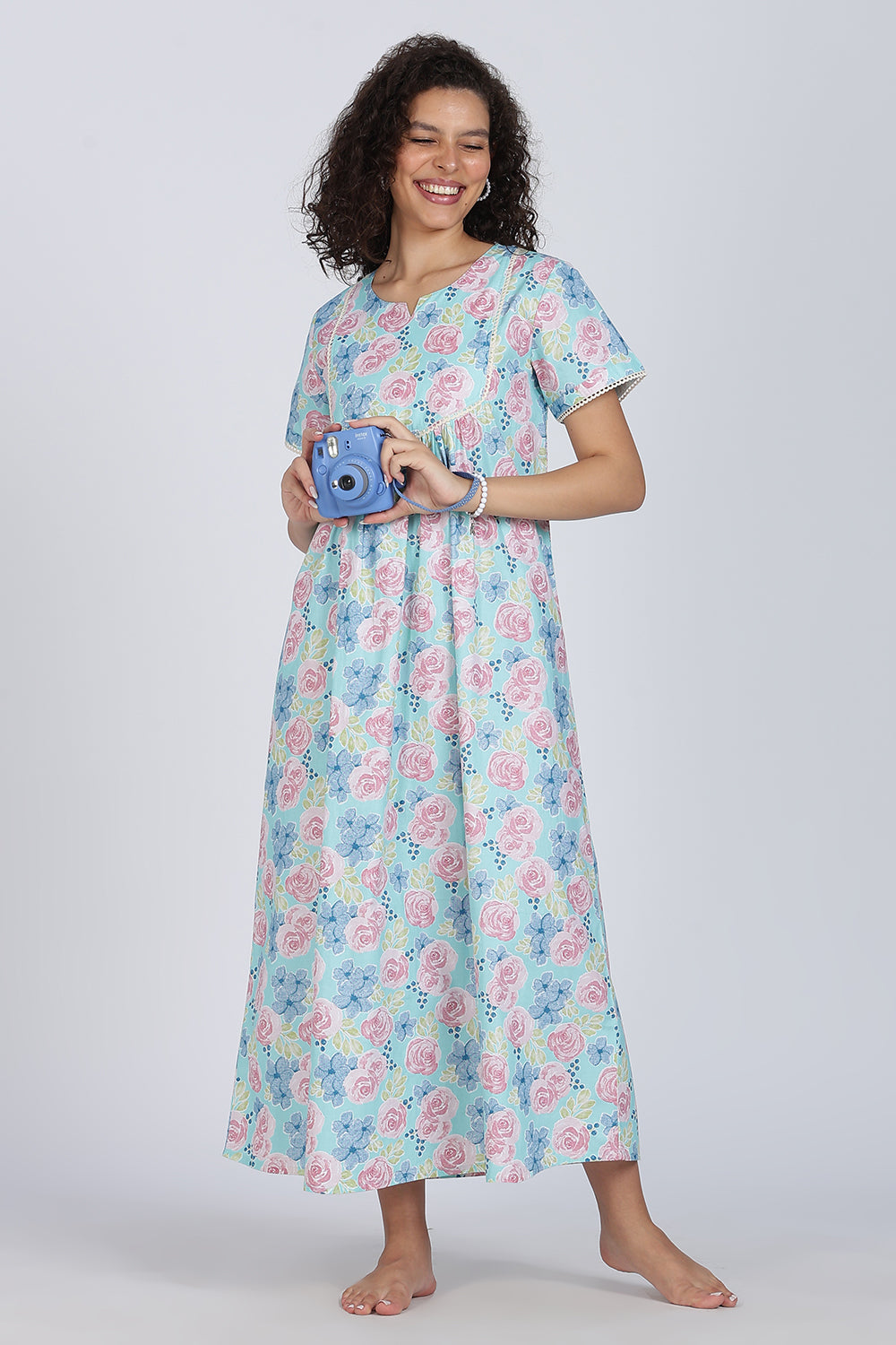 Naidu Hall Printed Cotton Nighty for Women – Full Length Flared A-Line Sleepwear with Lace Yoke & Pocket | Comfortable Daily Wear Nighty
 - N131