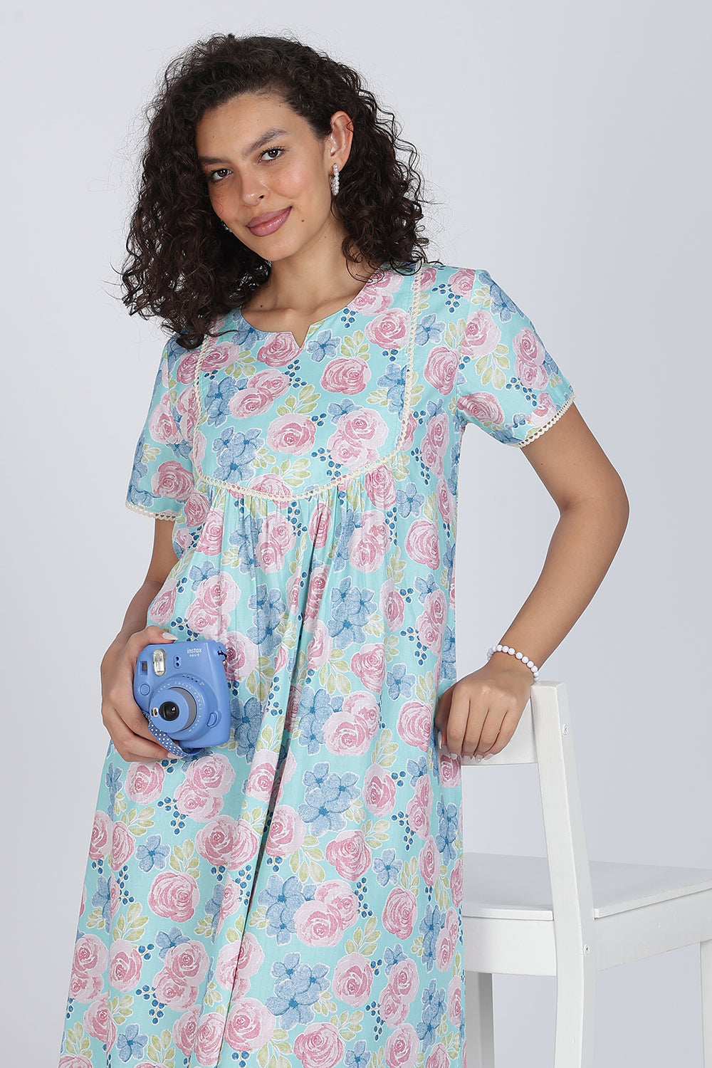 Naidu Hall Printed Cotton Nighty for Women – Full Length Flared A-Line Sleepwear with Lace Yoke & Pocket | Comfortable Daily Wear Nighty
 - N131