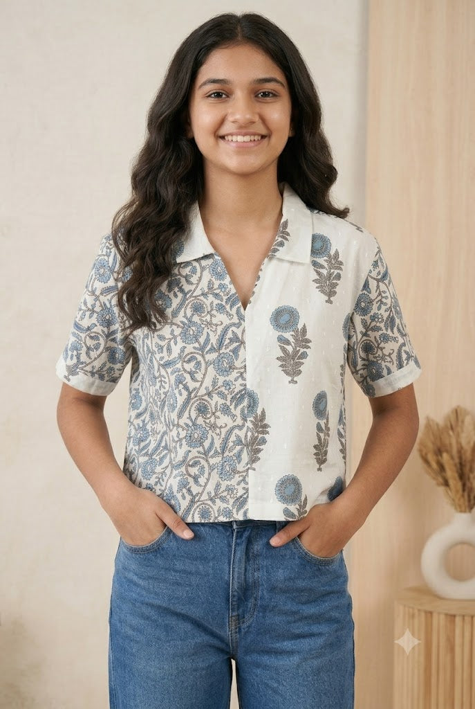 Mythri Women's Cotton Boxy Cropped Collared Shirt | Casual Colour Block Short Top for Women | Everyday Cotton Fashion Top - TO34