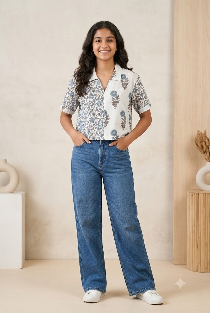 Mythri Women's Cotton Boxy Cropped Collared Shirt | Casual Colour Block Short Top for Women | Everyday Cotton Fashion Top - TO34