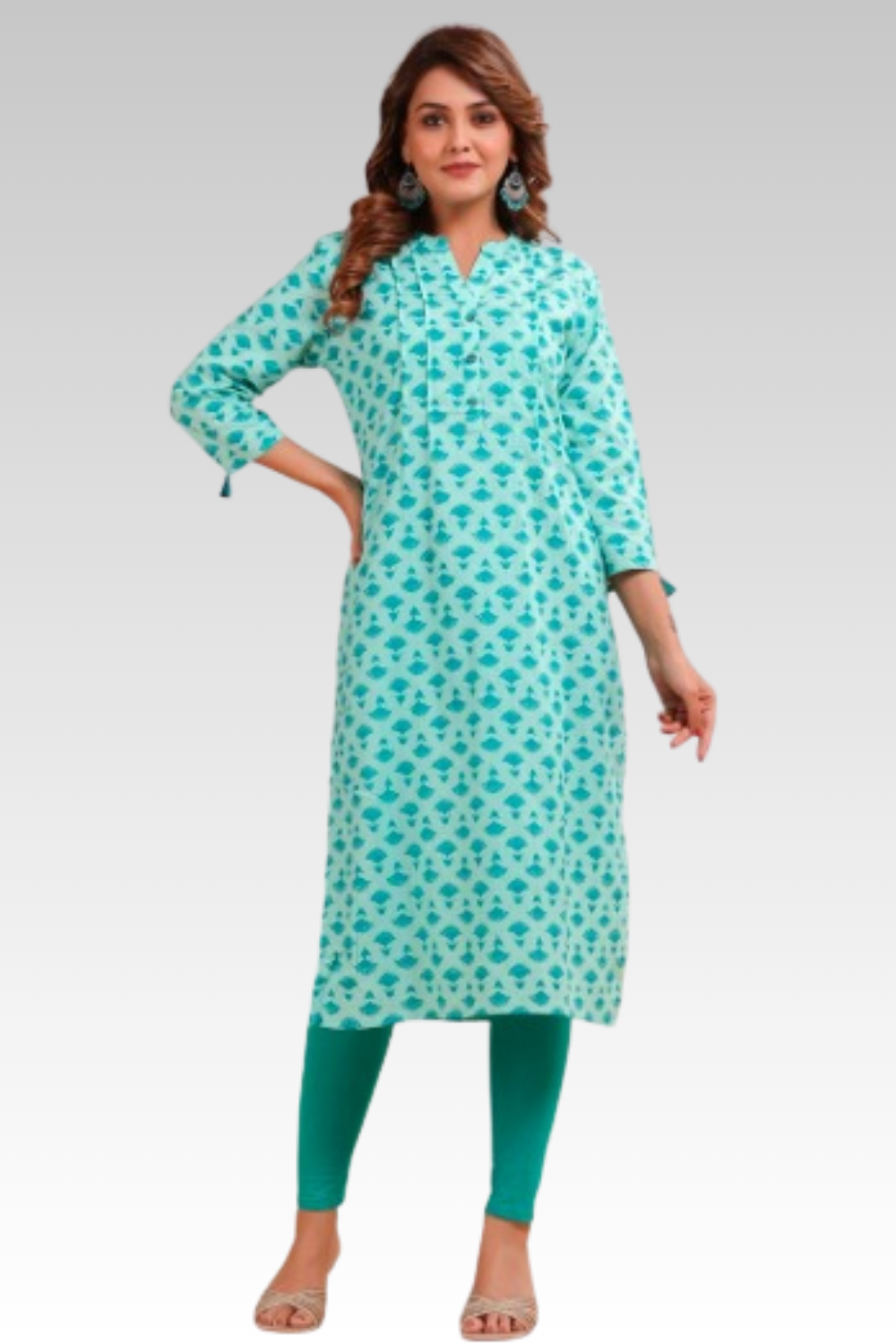 Mythri Women’s Cotton Cambric Kurthi | Straight-Cut Ethnic Wear with Pintuck Detailing & Tassel Accents - Turquoise - 0SK4