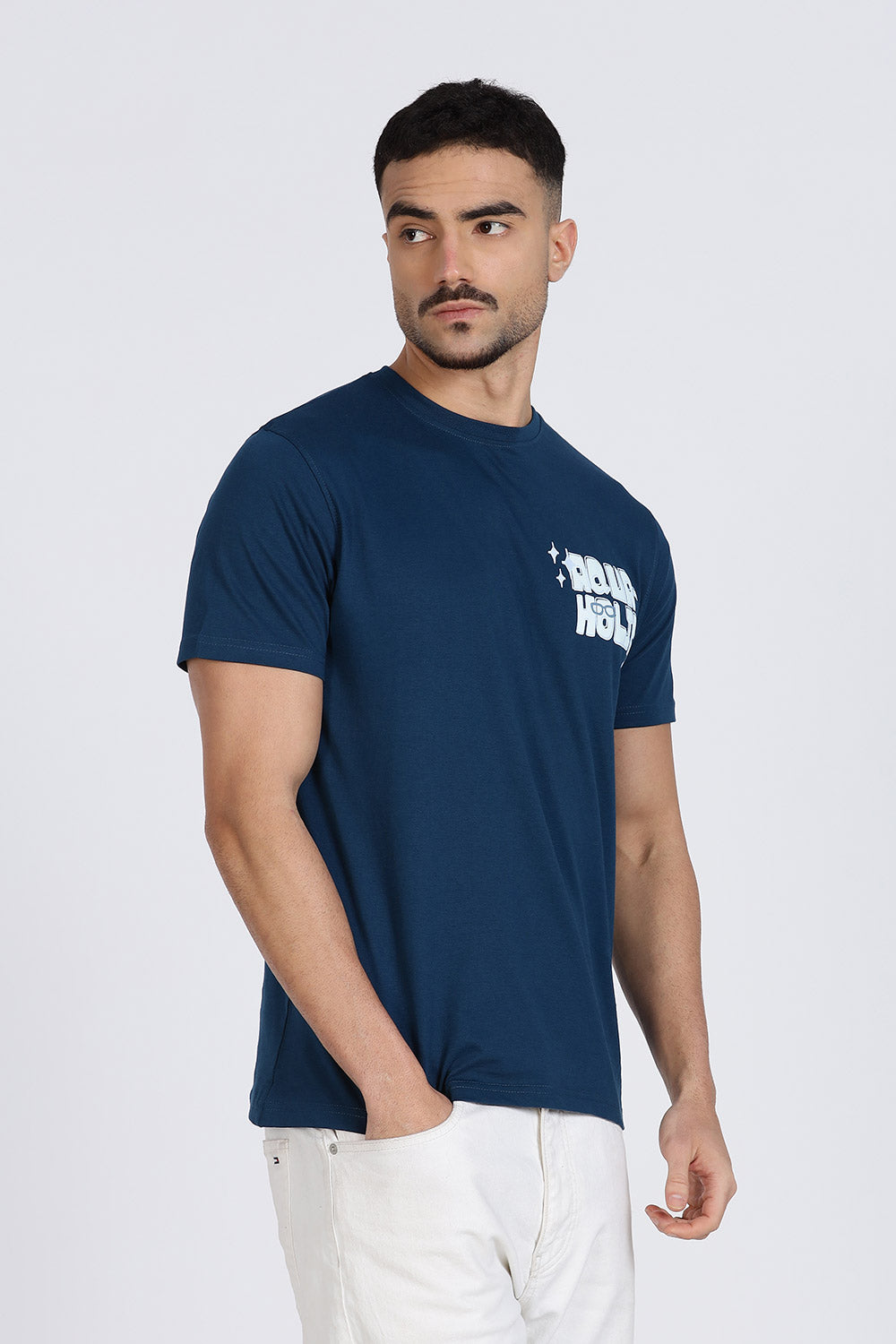 Enhance Men’s T Shirt Cotton Crew Neck Casual Graphic Print Short Sleeve Tee - Navy  - TG01