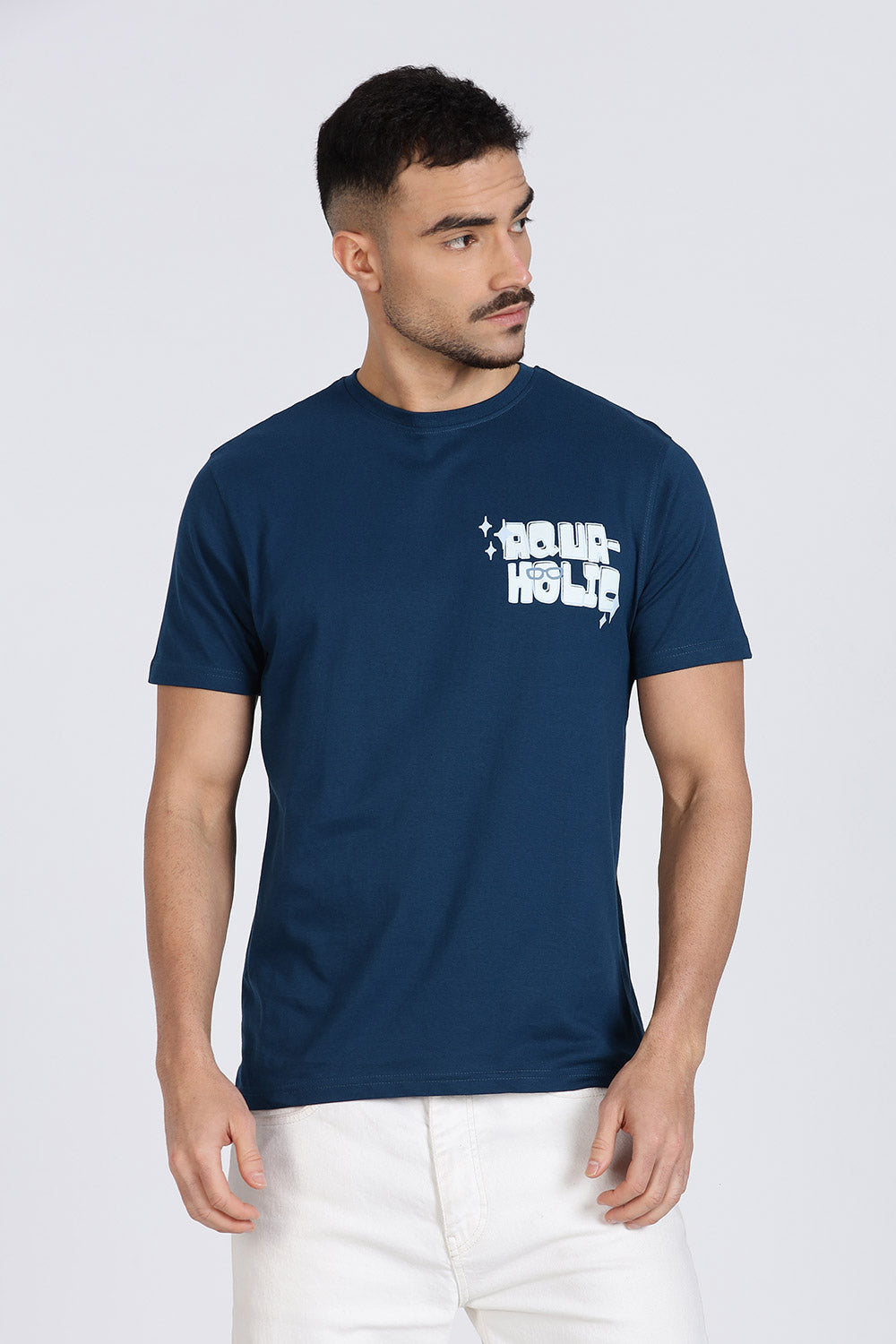 Enhance Men’s T Shirt Cotton Crew Neck Casual Graphic Print Short Sleeve Tee - Navy  - TG01