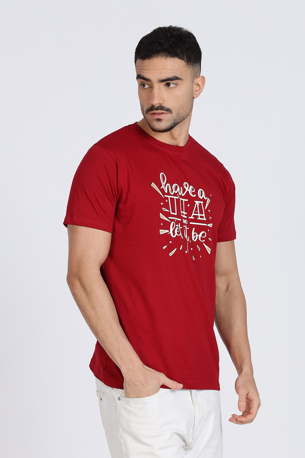 Enhance Men’s T Shirt Cotton Casual Crew Neck Printed Graphic Short Sleeve Tee - Maroon - TG03