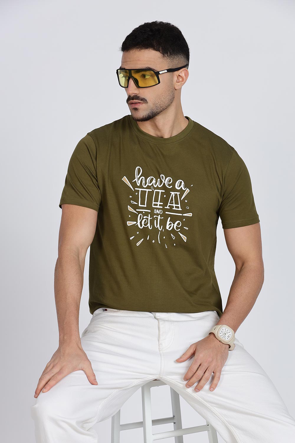 Enhance Men’s T Shirt Cotton Casual Crew Neck Printed Graphic Short Sleeve Tee - Olive - TG03