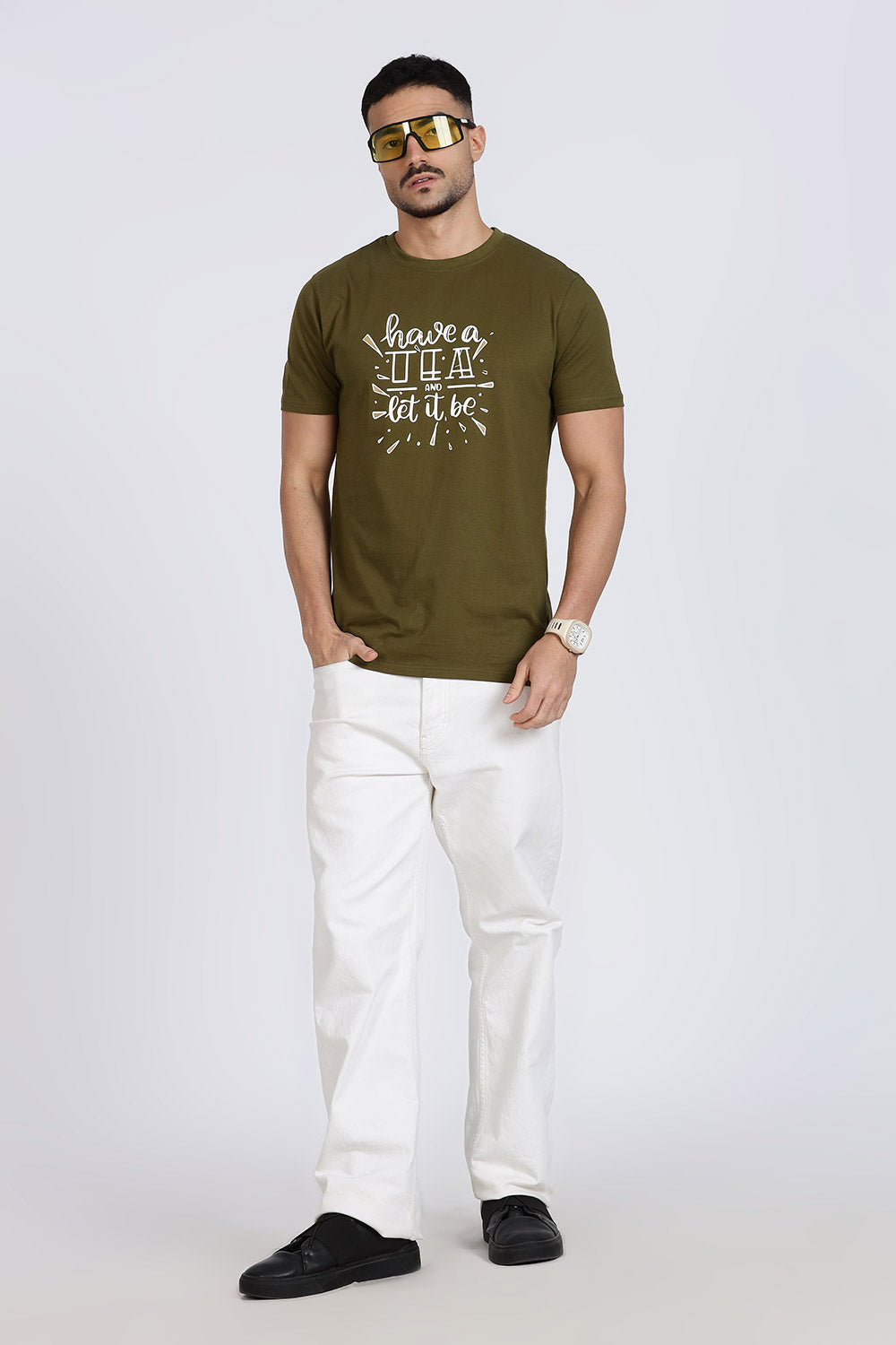 Enhance Men’s T Shirt Cotton Casual Crew Neck Printed Graphic Short Sleeve Tee - Olive - TG03