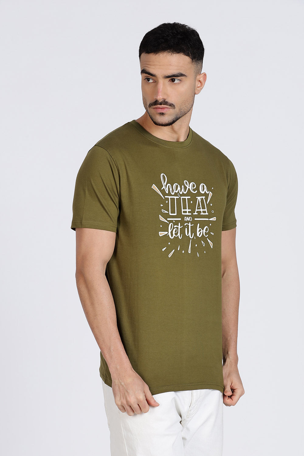 Enhance Men’s T Shirt Cotton Casual Crew Neck Printed Graphic Short Sleeve Tee - Olive - TG03