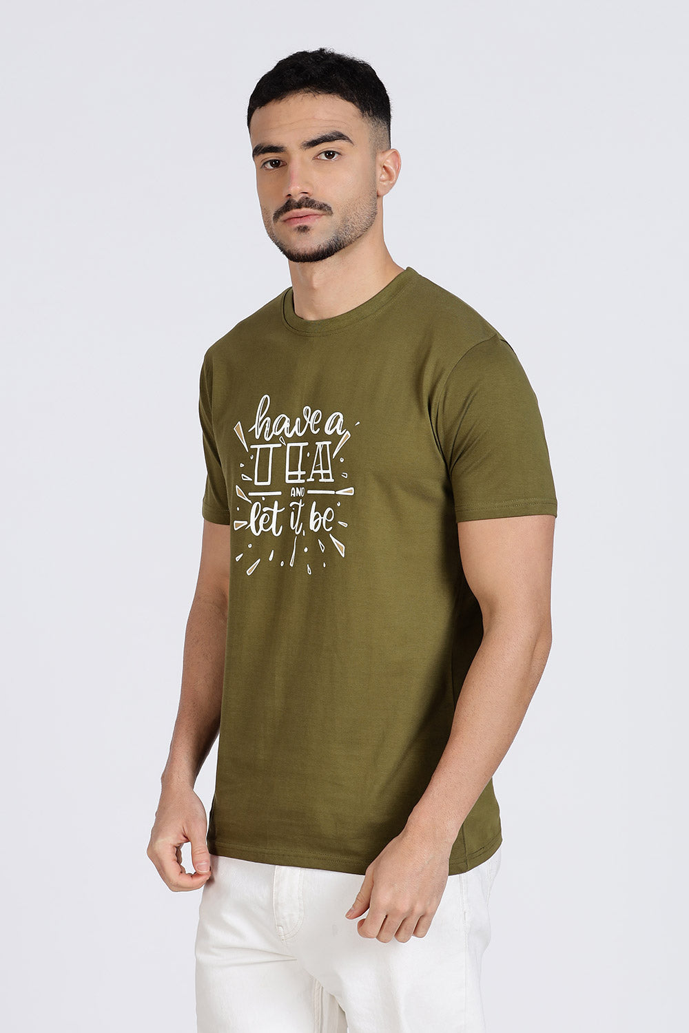 Enhance Men’s T Shirt Cotton Casual Crew Neck Printed Graphic Short Sleeve Tee - Olive - TG03