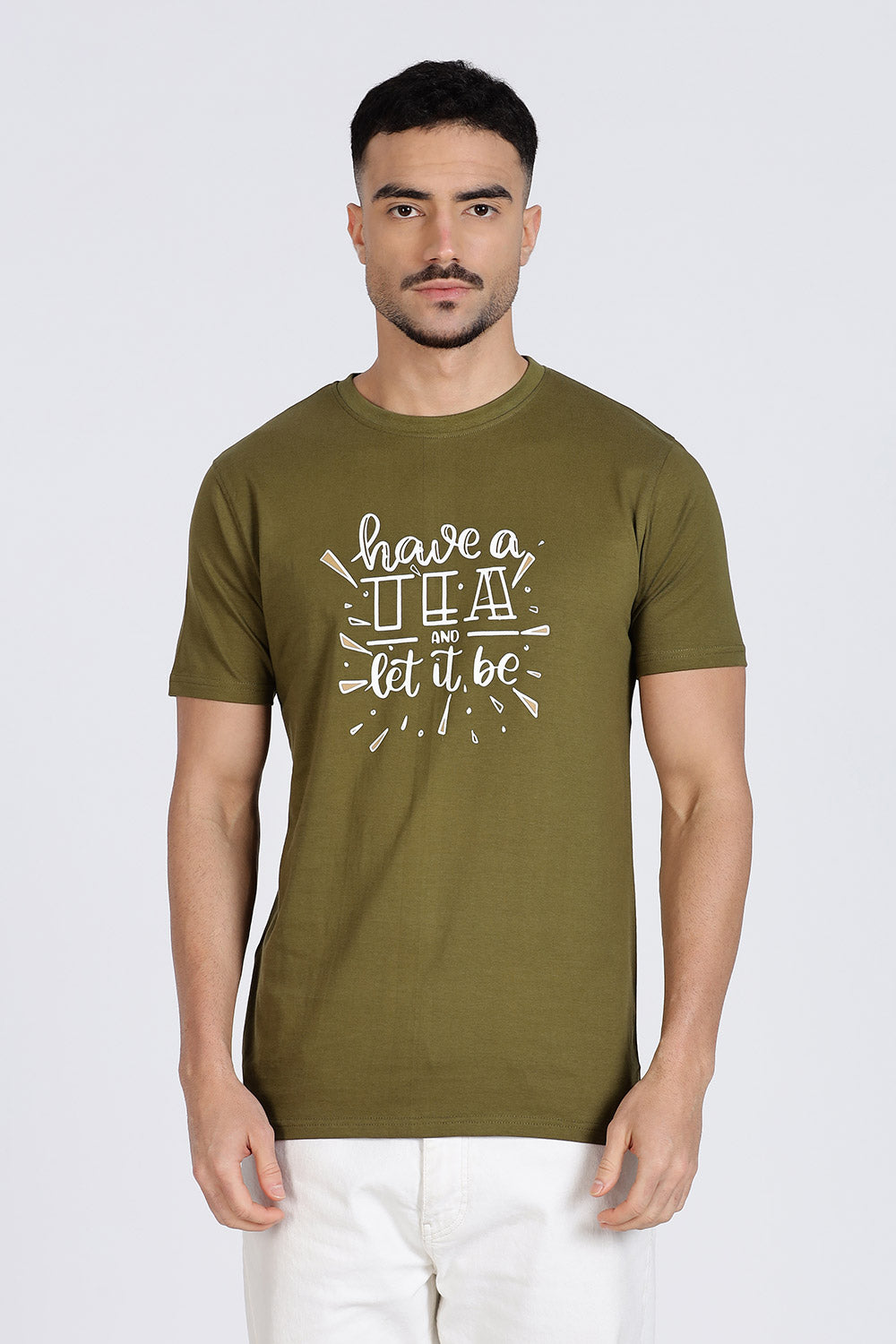 Enhance Men’s T Shirt Cotton Casual Crew Neck Printed Graphic Short Sleeve Tee - Olive - TG03