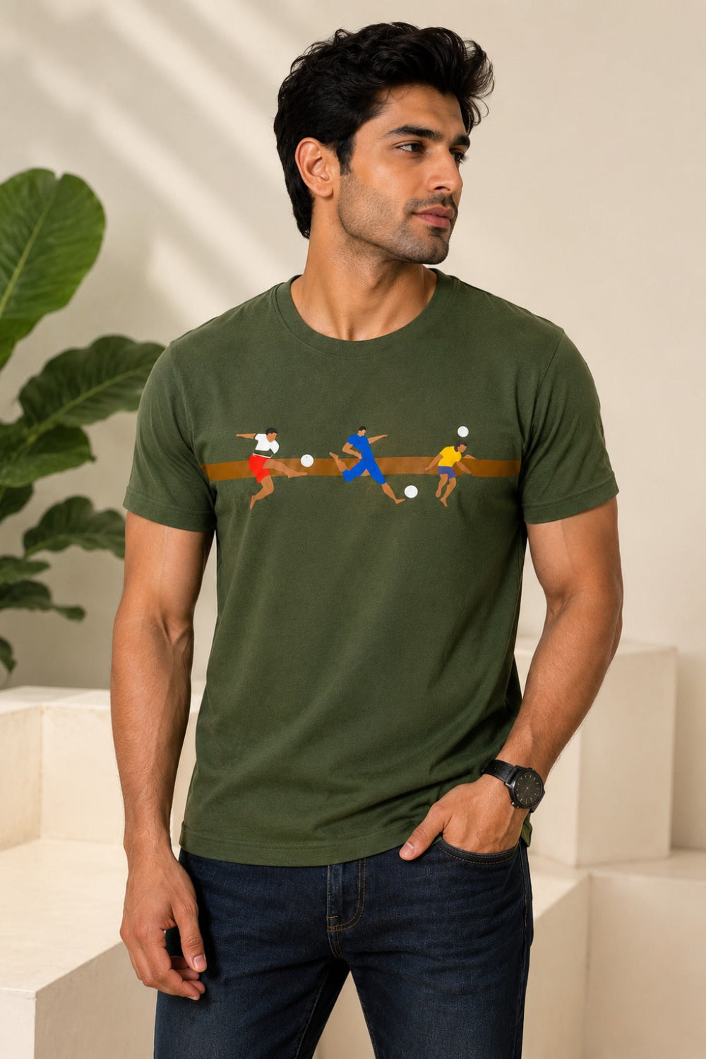 Enhance Men’s Cotton T-Shirt – Round Neck Printed T-Shirt with Football Graphic | Casual Everyday Wear T-Shirt - Olive - TG18