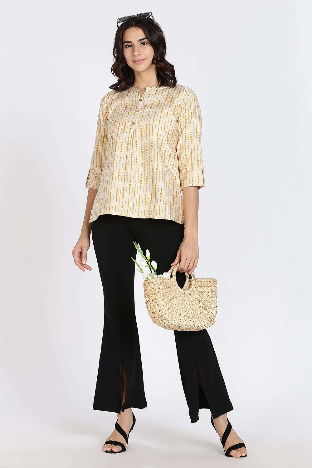 Mythri Women’s Top Cotton Blend Casual Mandarin Collar 3/4 Sleeve Button Placket Stylish Office Wear Top - Light Mustard - TO09
