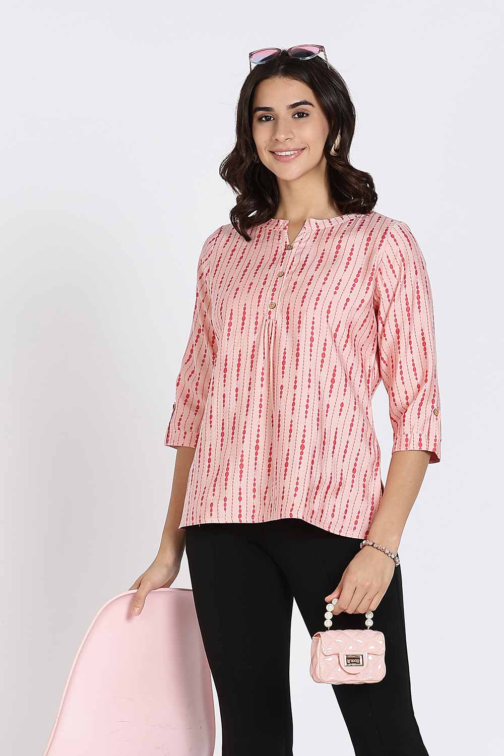 Mythri Women’s Top Cotton Blend Casual Mandarin Collar 3/4 Sleeve Button Placket Stylish Office Wear Top - Light Pink - TO09