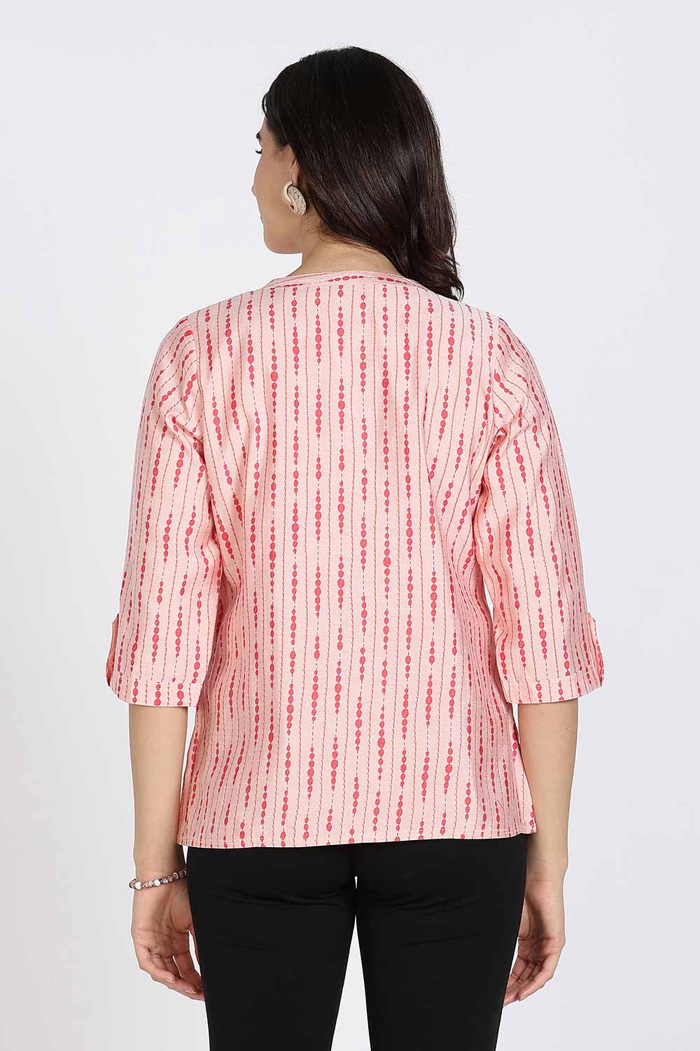 Mythri Women’s Top Cotton Blend Casual Mandarin Collar 3/4 Sleeve Button Placket Stylish Office Wear Top - Light Pink - TO09