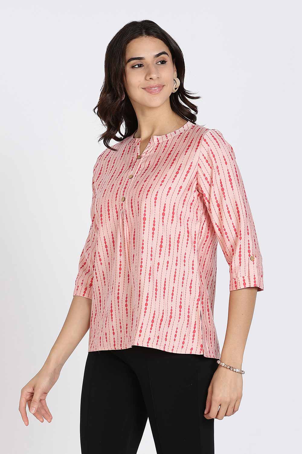 Mythri Women’s Top Cotton Blend Casual Mandarin Collar 3/4 Sleeve Button Placket Stylish Office Wear Top - Light Pink - TO09