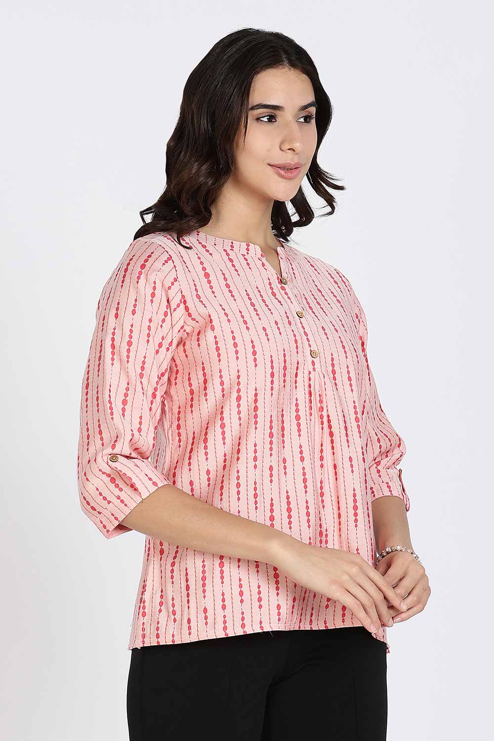 Mythri Women’s Top Cotton Blend Casual Mandarin Collar 3/4 Sleeve Button Placket Stylish Office Wear Top - Light Pink - TO09