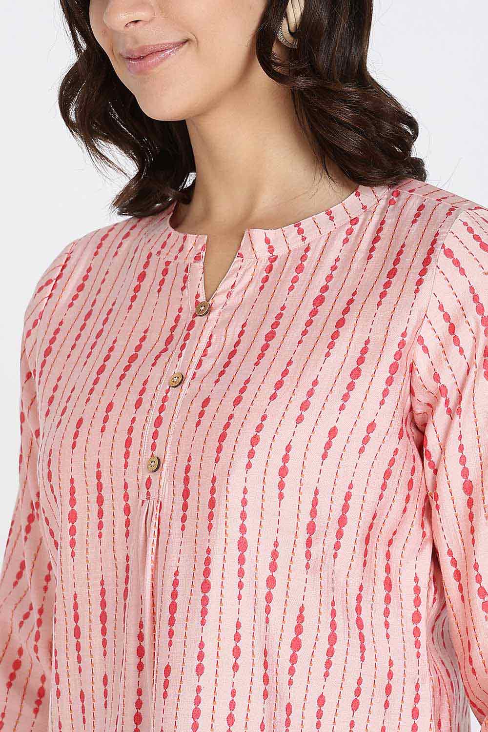 Mythri Women’s Top Cotton Blend Casual Mandarin Collar 3/4 Sleeve Button Placket Stylish Office Wear Top - Light Pink - TO09