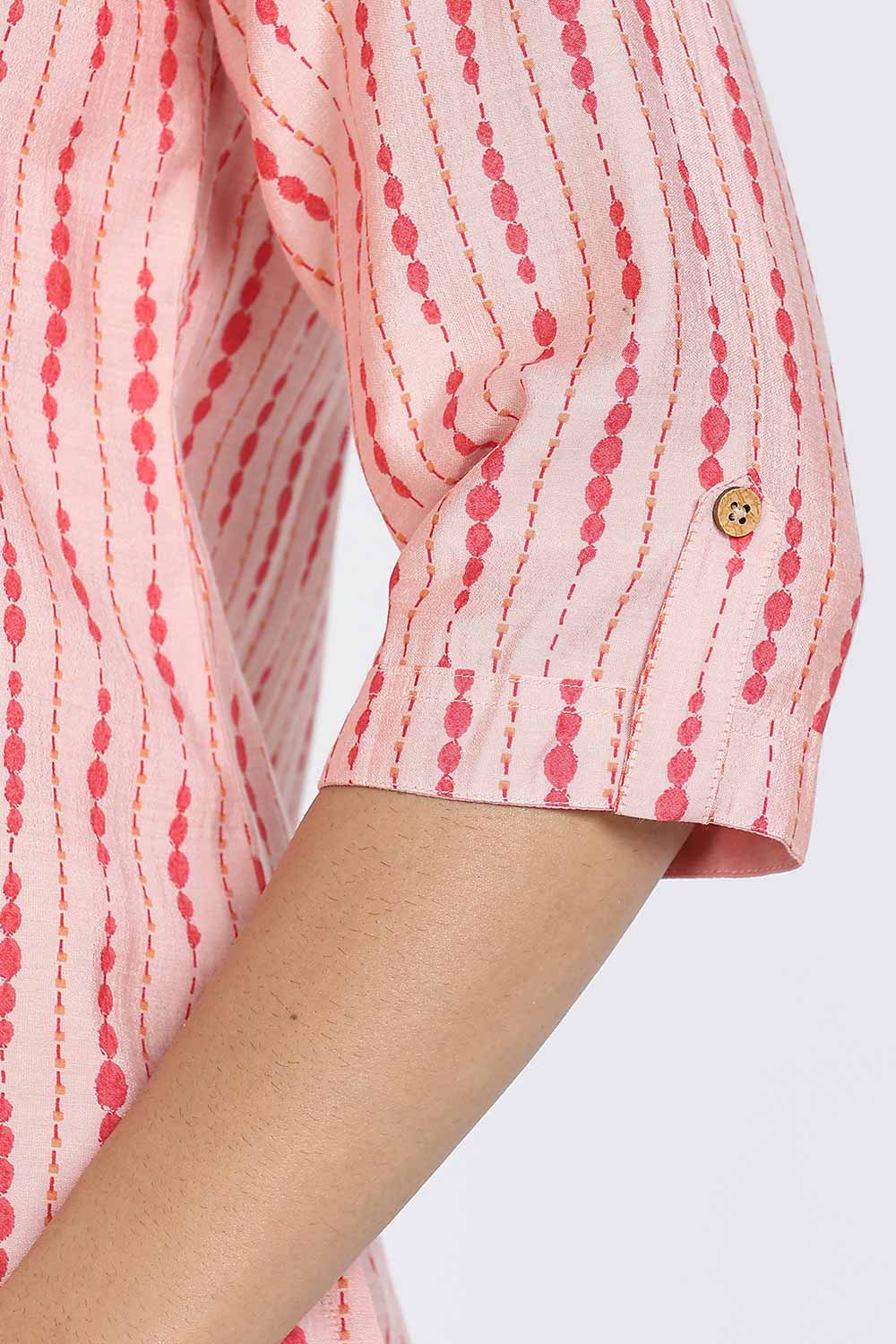 Mythri Women’s Top Cotton Blend Casual Mandarin Collar 3/4 Sleeve Button Placket Stylish Office Wear Top - Light Pink - TO09