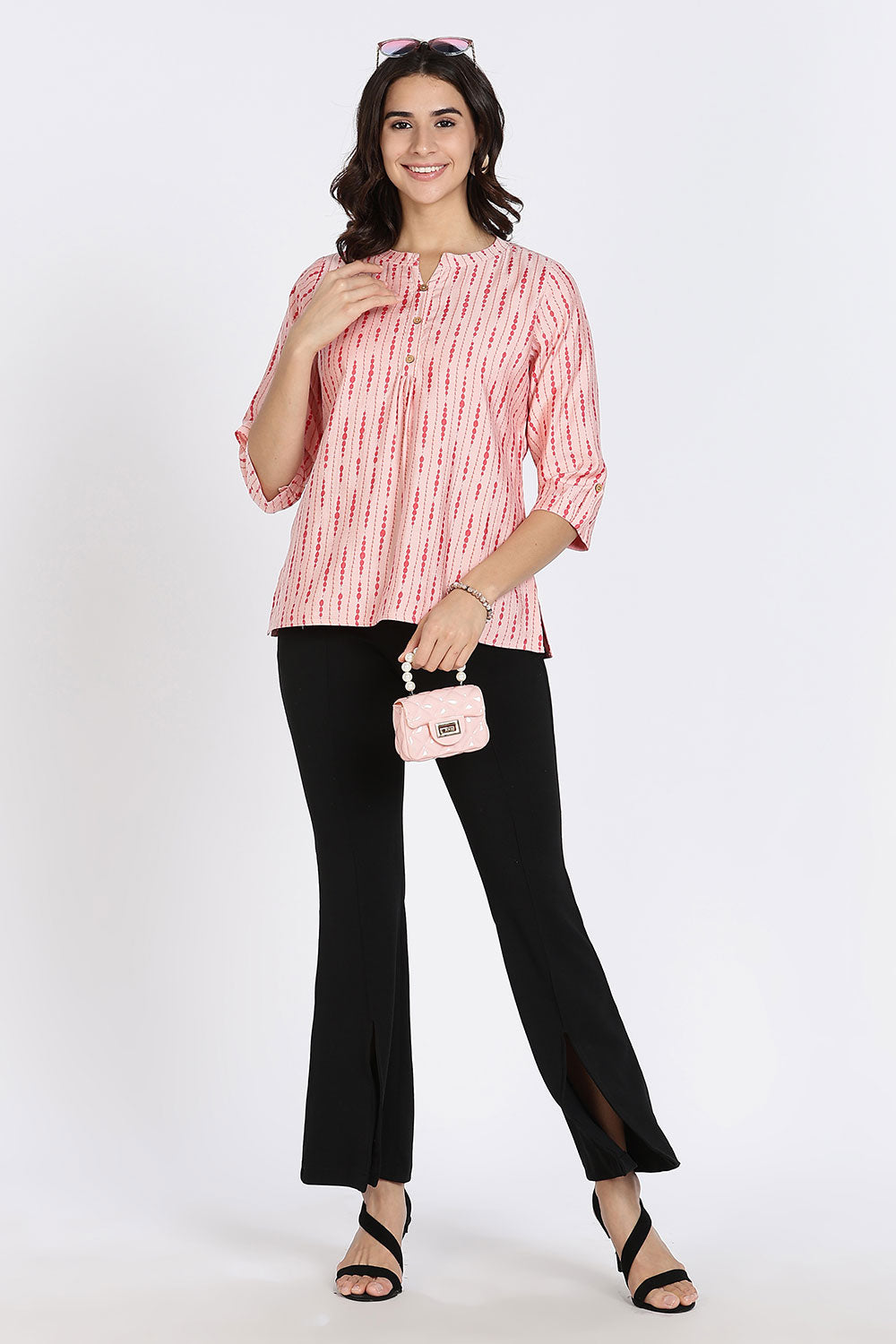 Mythri Women’s Top Cotton Blend Casual Mandarin Collar 3/4 Sleeve Button Placket Stylish Office Wear Top - Light Pink - TO09