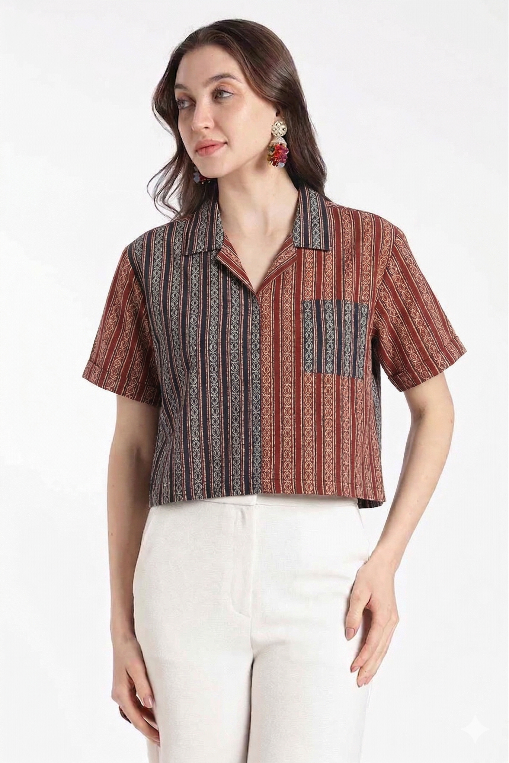 Mythri Women’s Cotton Cropped Shirt – Boxy Fit Printed Casual Crop Shirt with Drop Shoulder & V-Notch Collar | Summer Cotton Top for Women - TO34