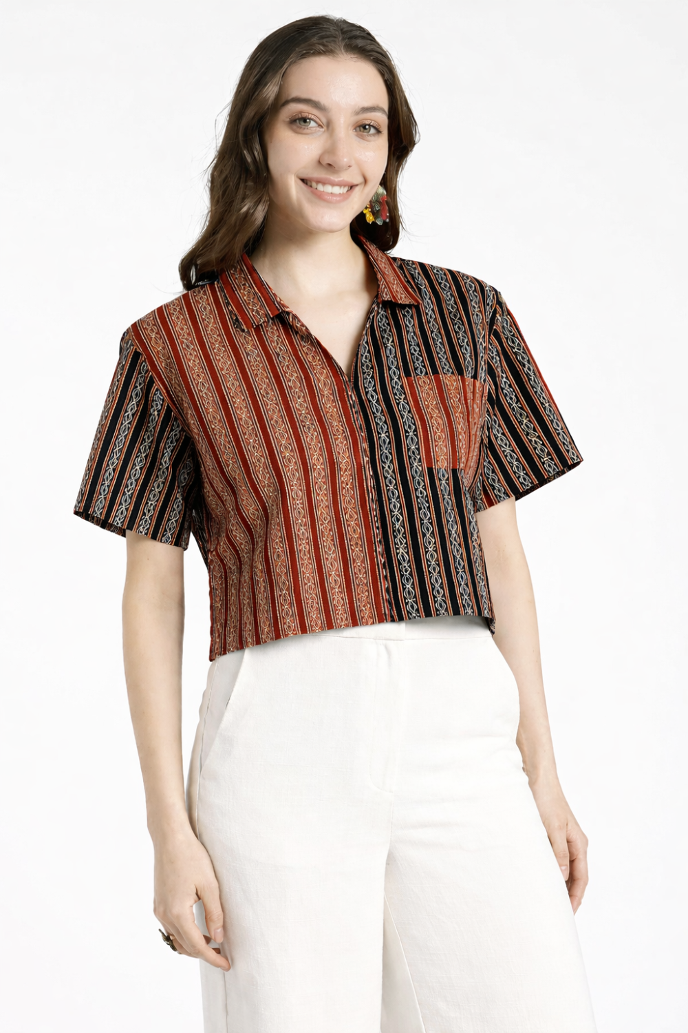 Mythri Women’s Cotton Cropped Shirt – Boxy Fit Printed Casual Crop Shirt with Drop Shoulder & V-Notch Collar | Summer Cotton Top for Women - TO34