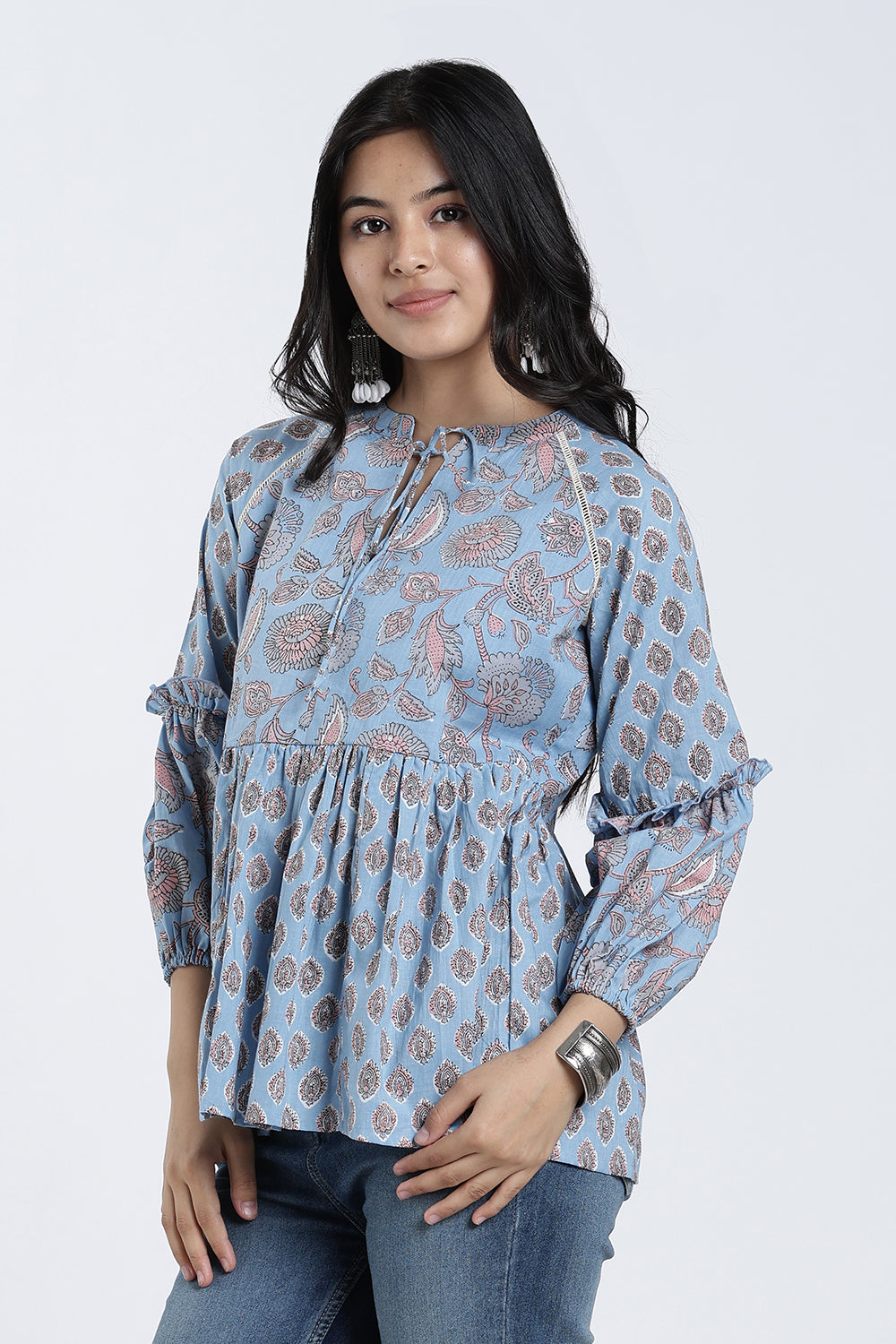 Mythri Women’s Cotton Flared Top – Paisley Print Casual Top with Bishop Sleeves & Tie-Up Neck | Stylish Everyday Wear Top for Women - TO35